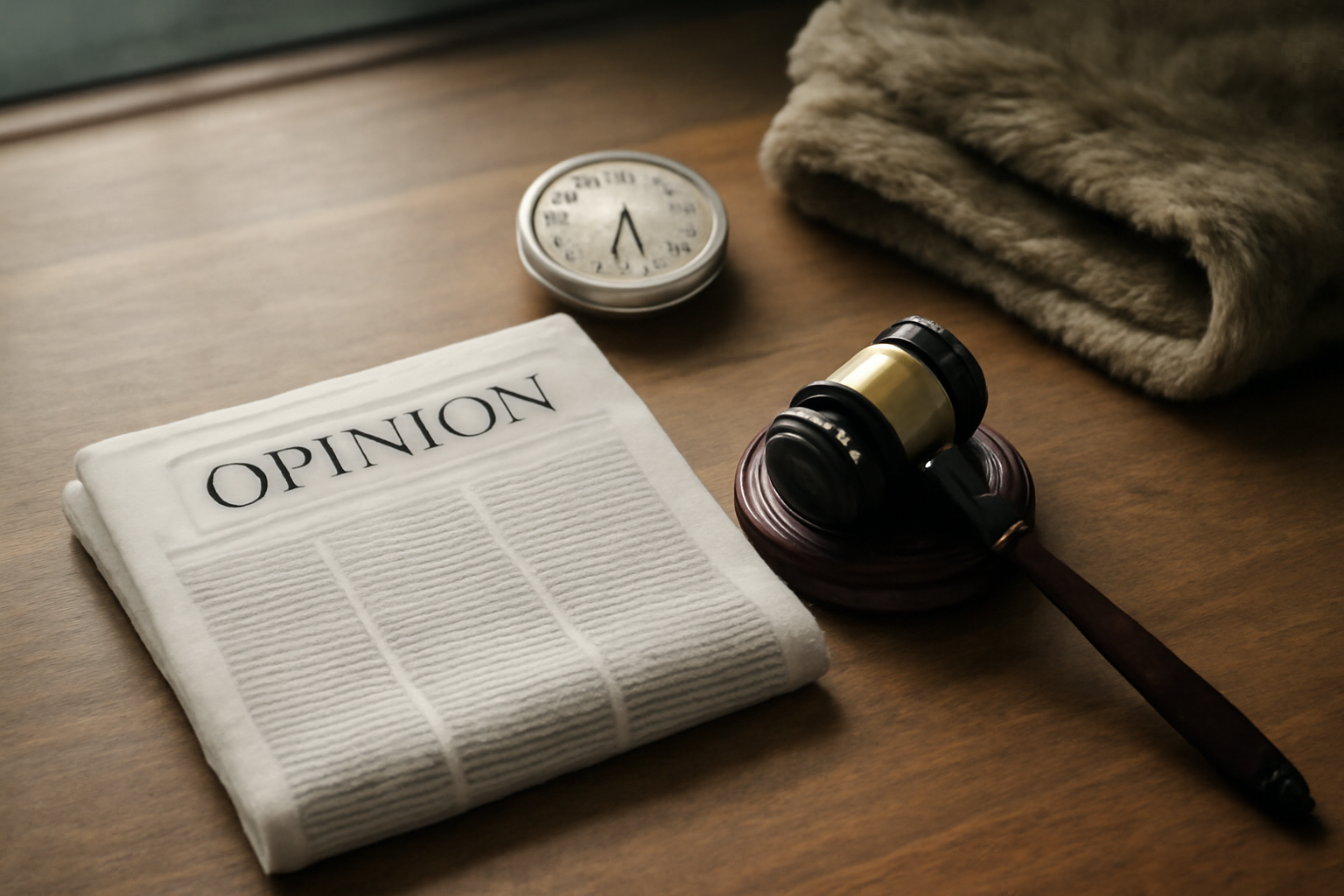 A newspaper opinion page laid beside a gavel, a thermostat dial, and a fur pelt, representing separate culture-war disputes moving through courts and legislatures.