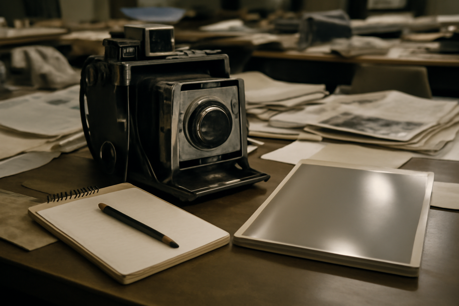 A reporter's camera and notepad sit on a newsroom desk beside a blank celebrity magazine cover