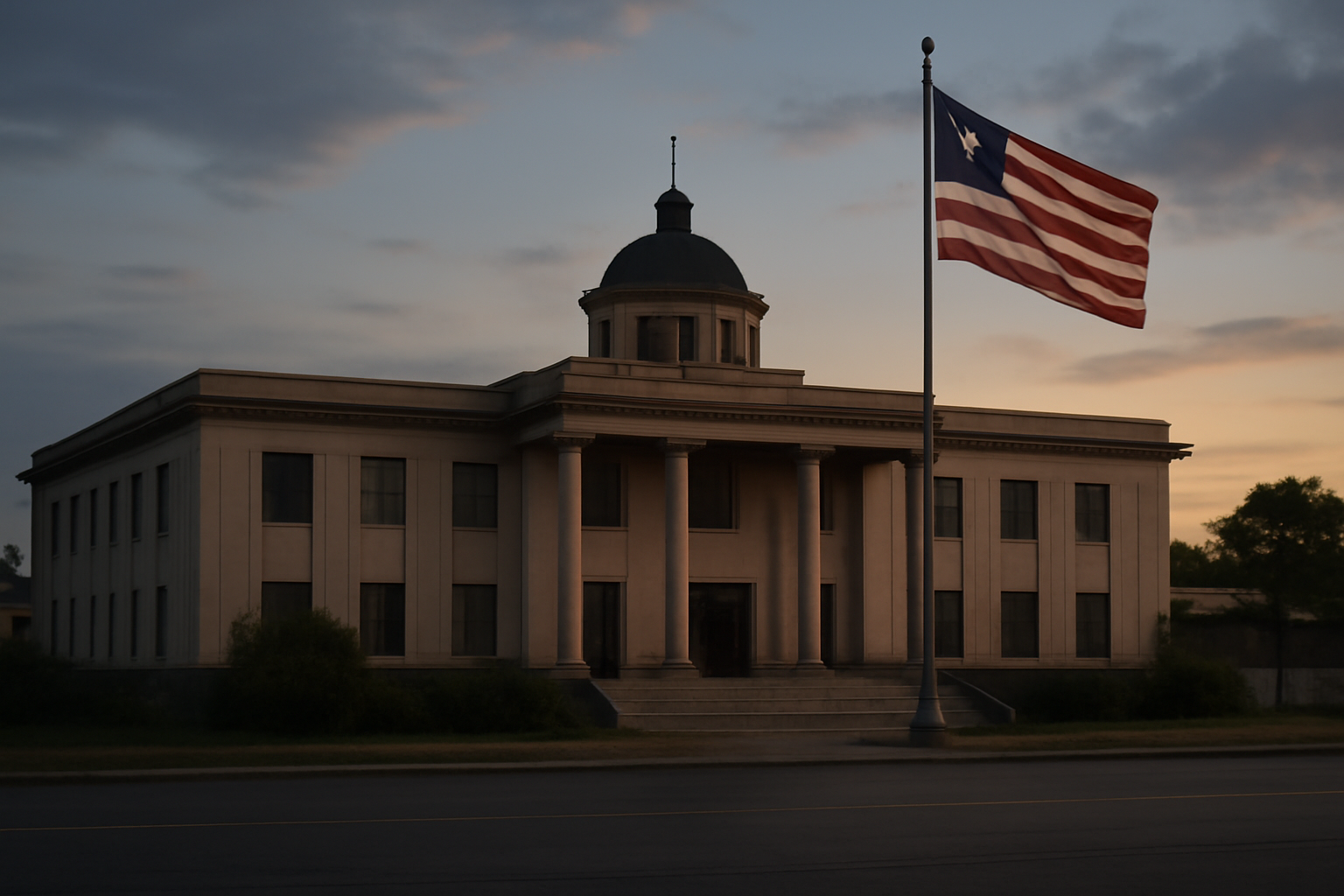 Government building with the Liberian flag flying against a dusk sky