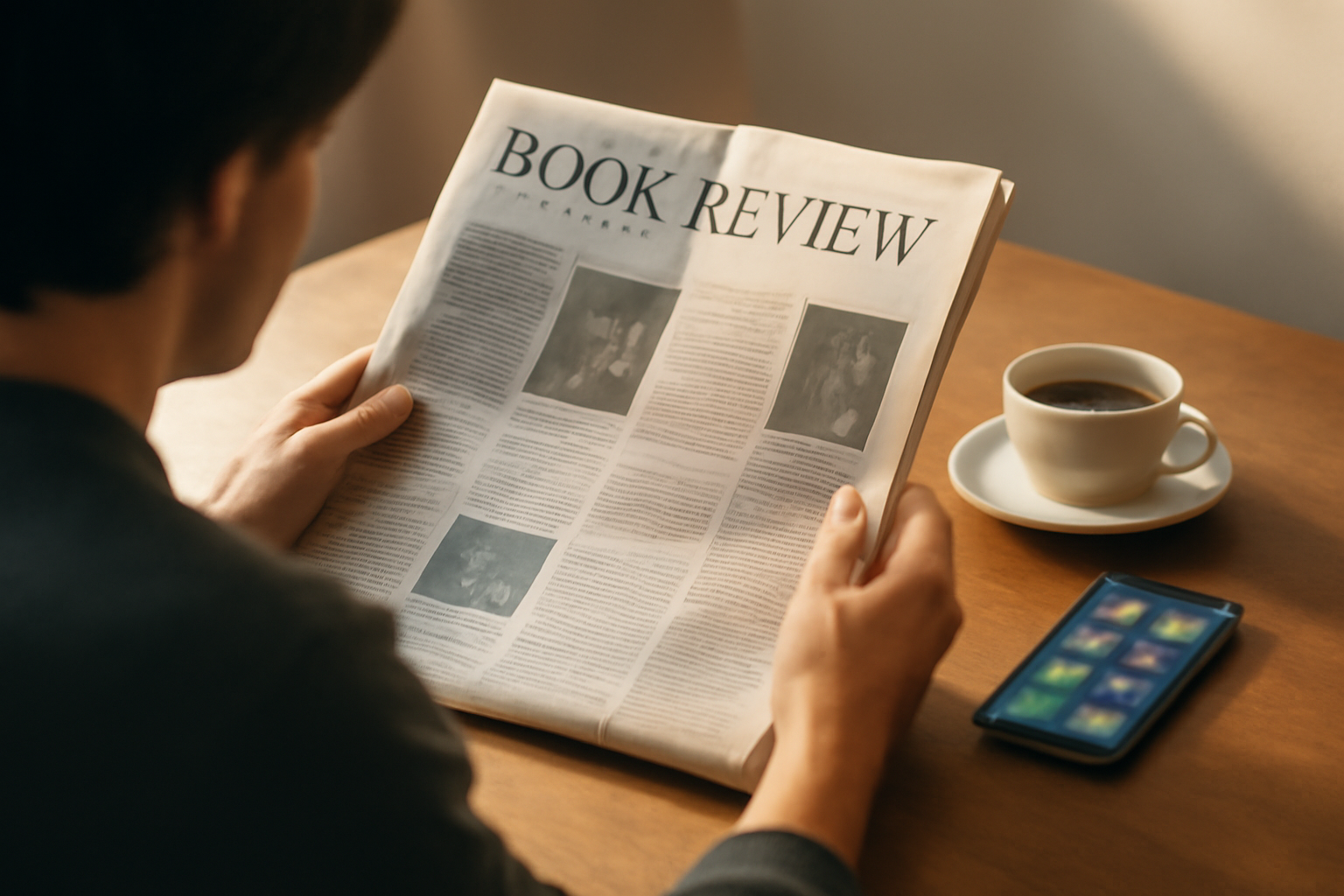 A person reading a newspaper book review section beside a smartphone displaying social media app icons