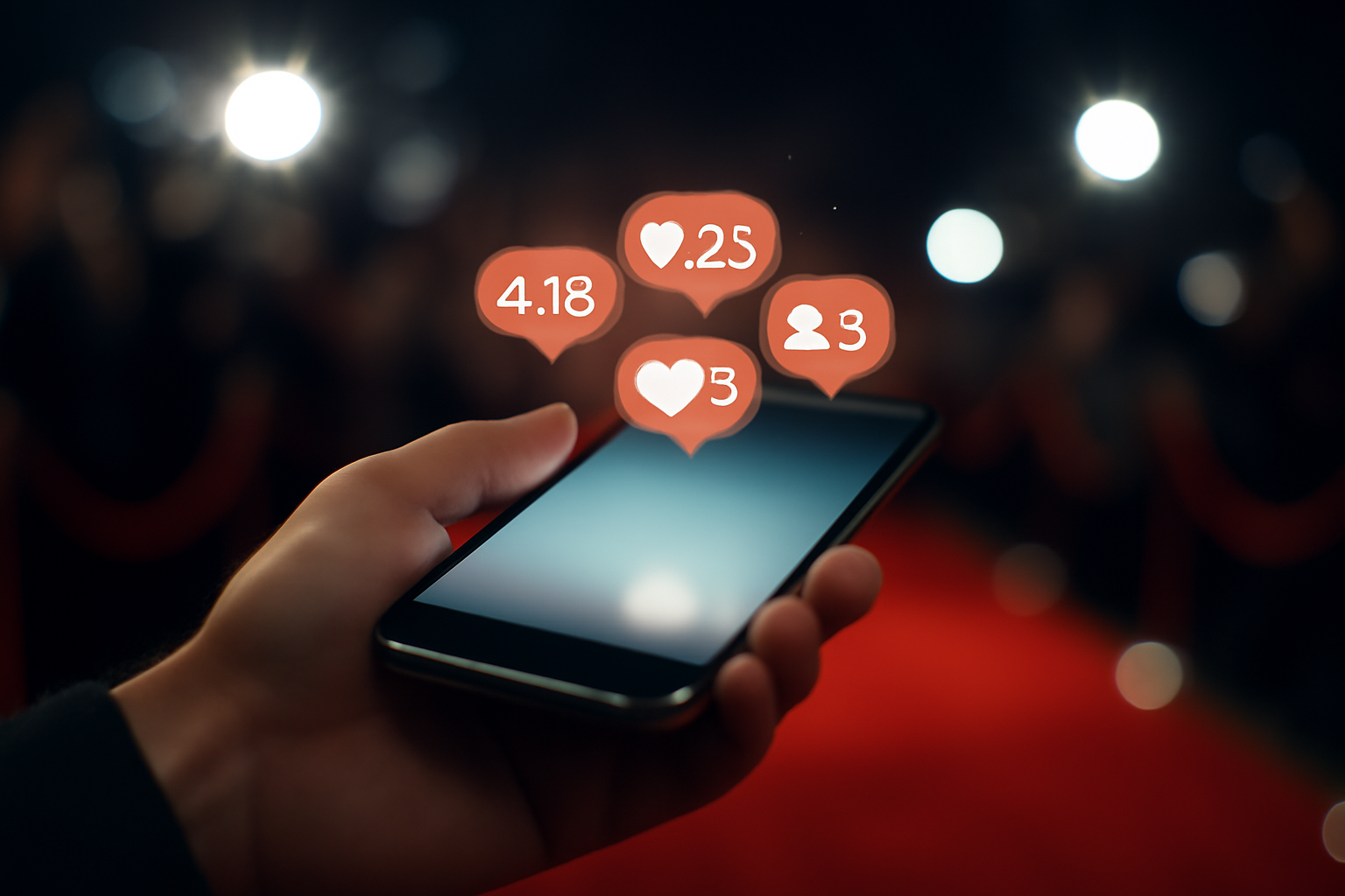 A smartphone glowing with social media notification icons held against a blurred red carpet backdrop