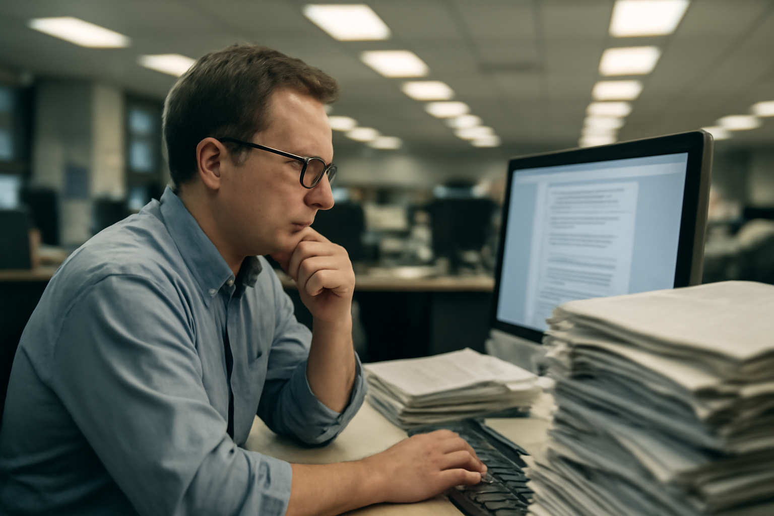 An editor at a newsroom desk reading text on a computer screen beside stacked print newspapers