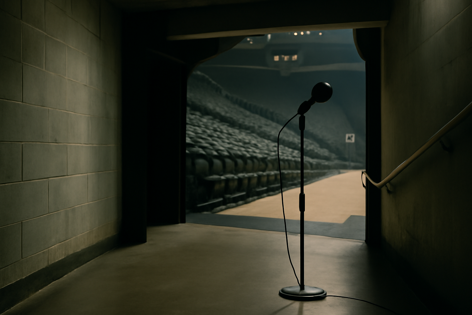 Cleveland Cavaliers forward in warmups standing near a press microphone stand on an empty court