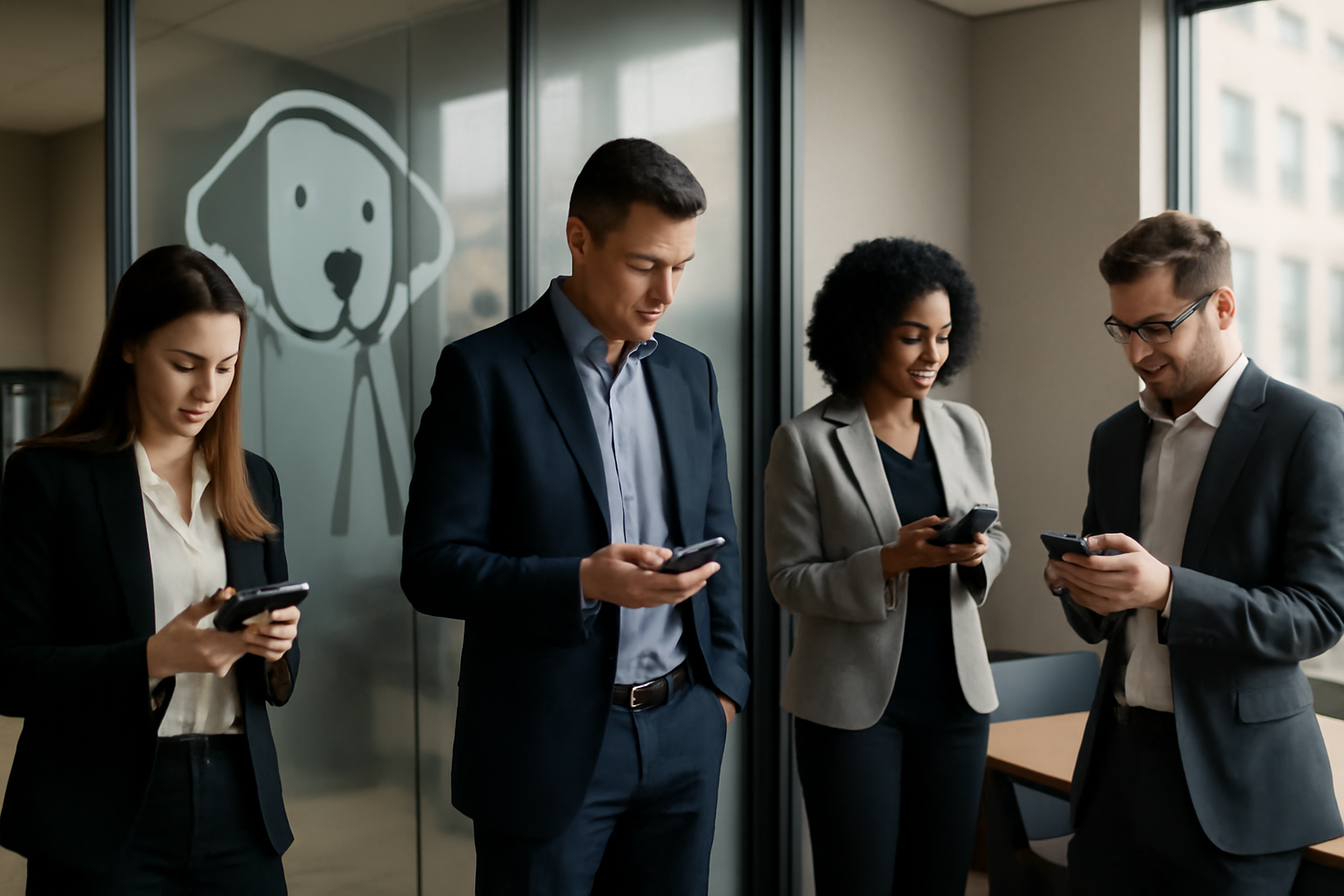 An office break room where employees check phones beneath a wall-mounted company logo.