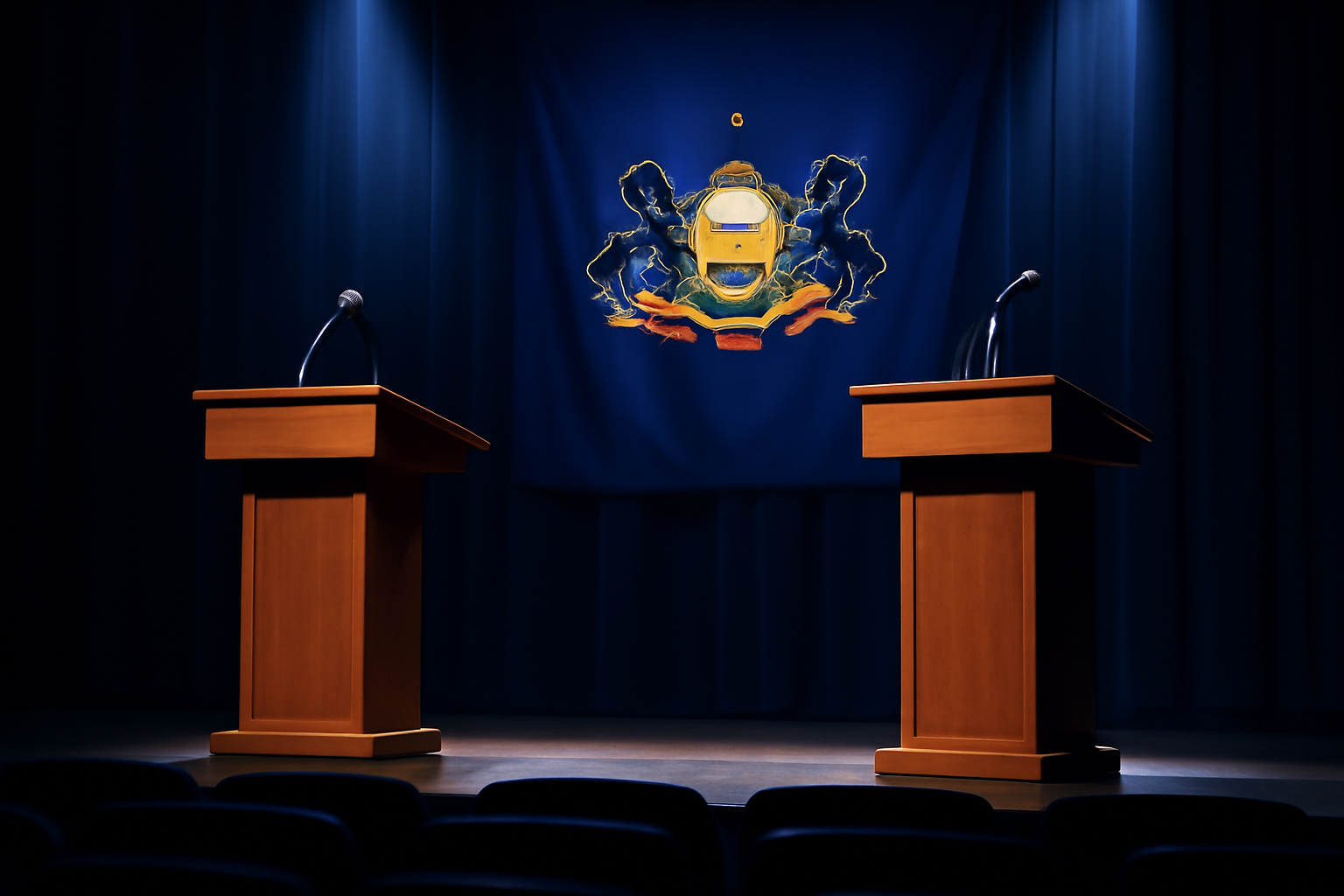 Two empty podiums on a debate stage with an Iowa state flag in the background