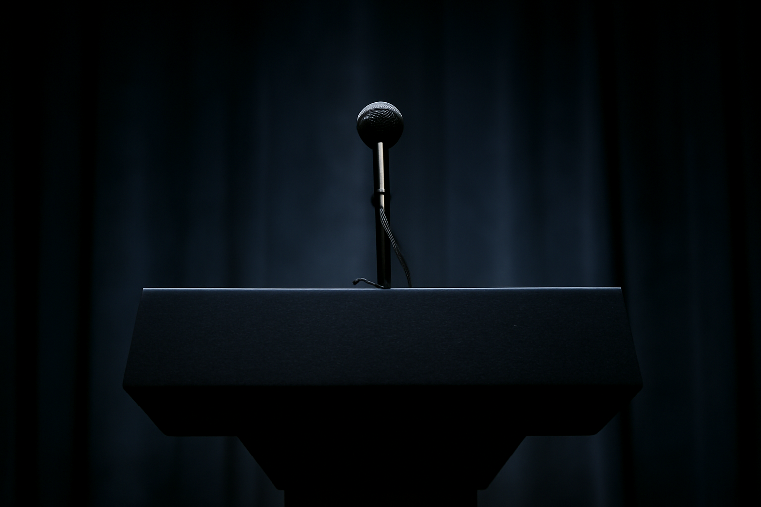 Empty press podium with a single microphone under dim studio lighting