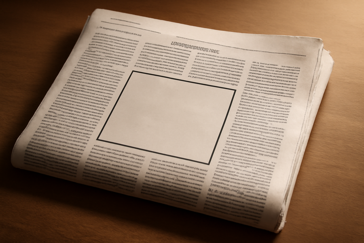 A newspaper opinion page laid out on a wooden desk with an editorial cartoon panel and columns of text