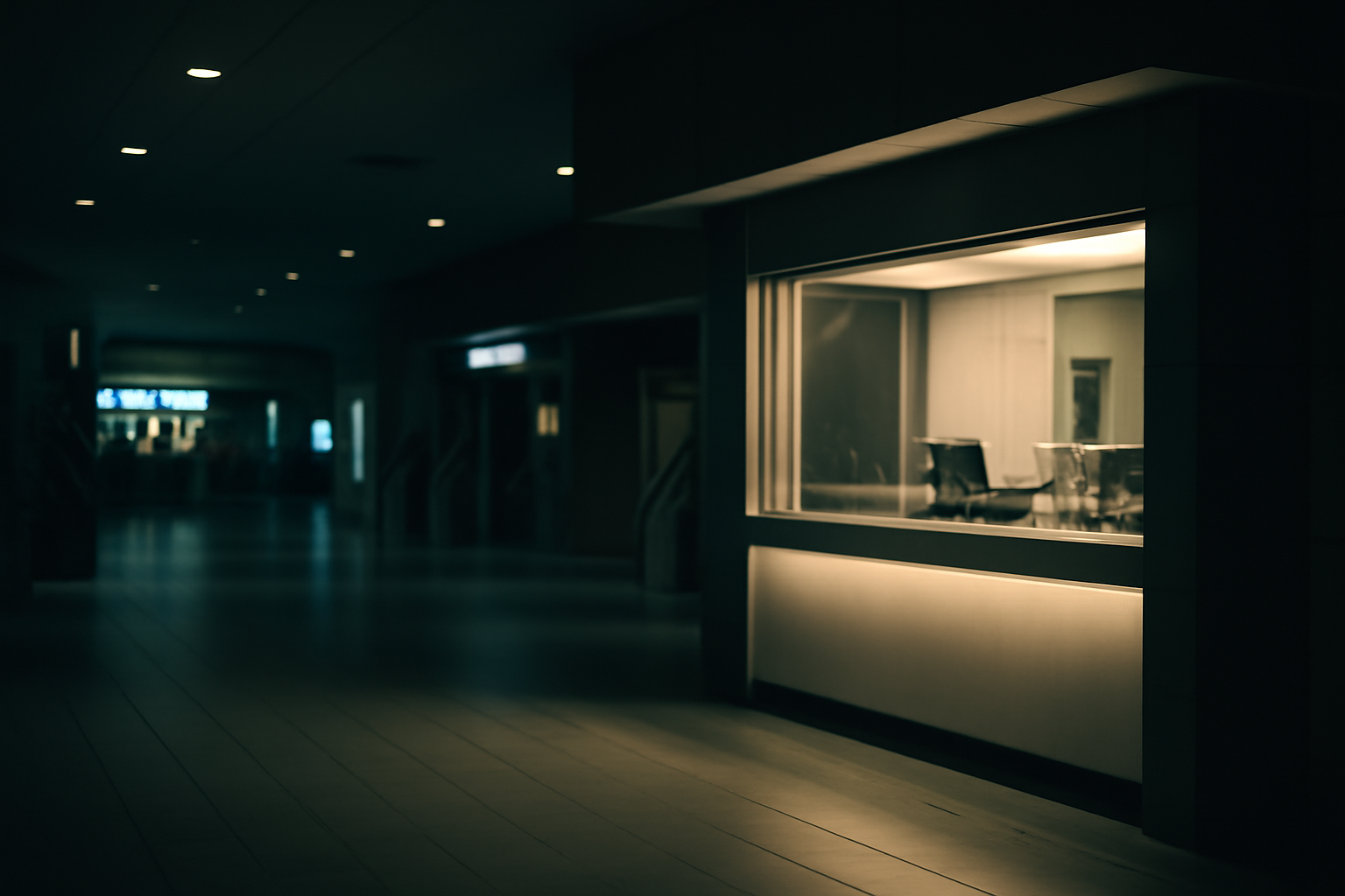 Empty movie theater lobby with a lit box office ticket window at night