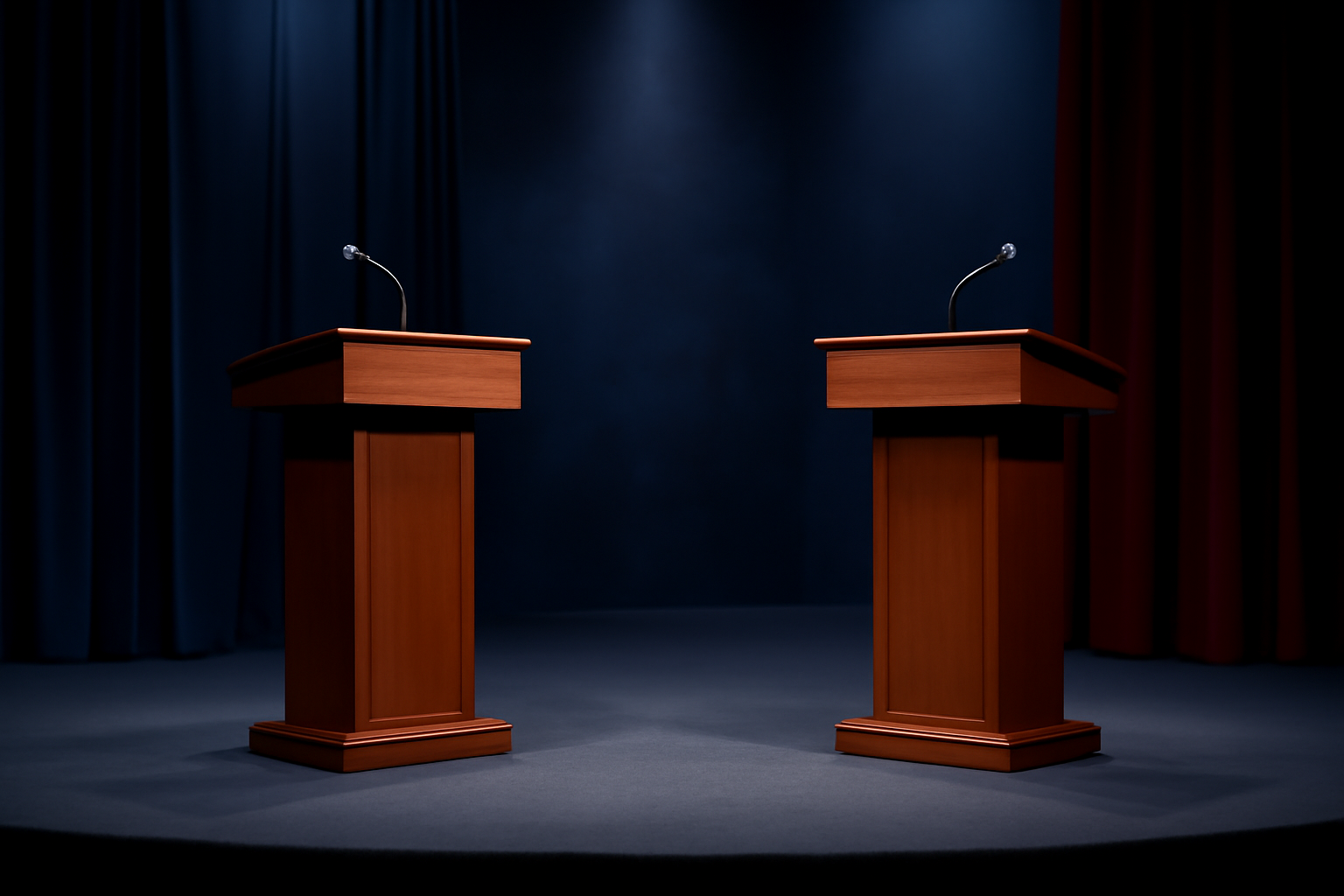 Empty debate podium with microphone under stage lighting, no speakers present