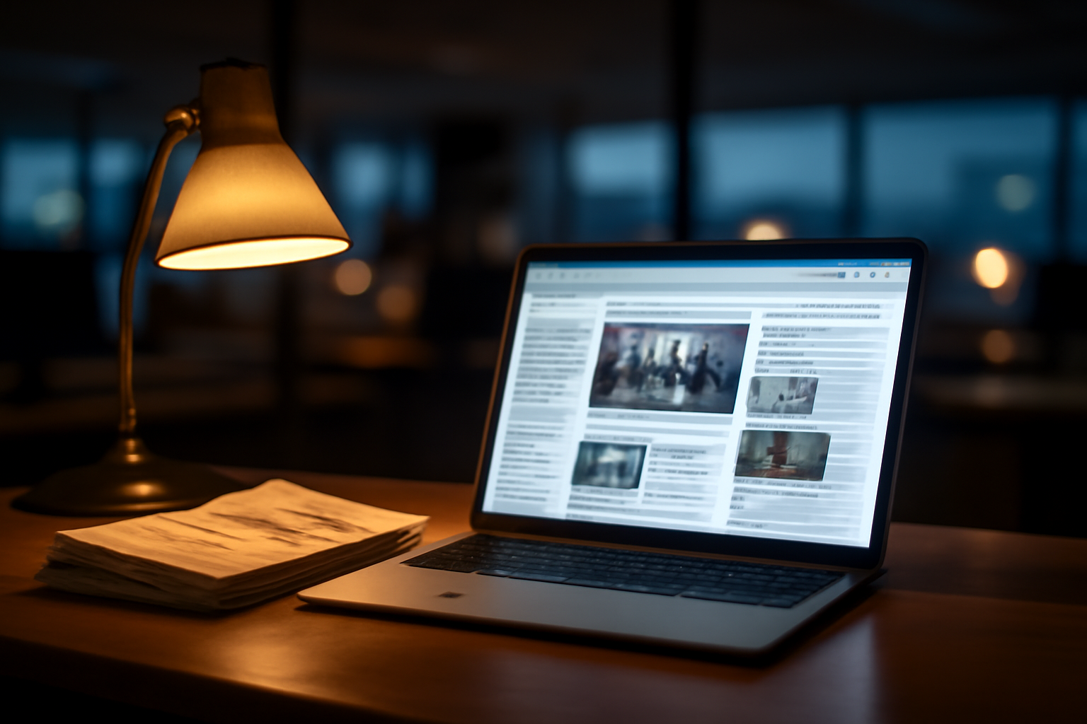 A newsroom desk with a laptop open to an opinion column and a stack of printed newspapers under desk lamp light