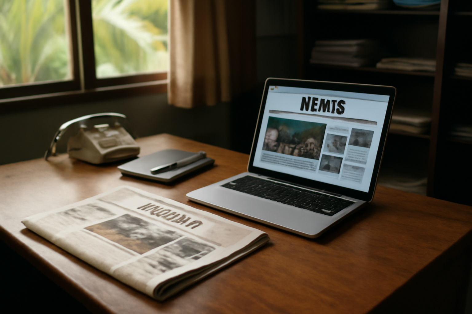 Newspaper pages and a laptop showing wire service headlines on a desk in a Pacific island newsroom