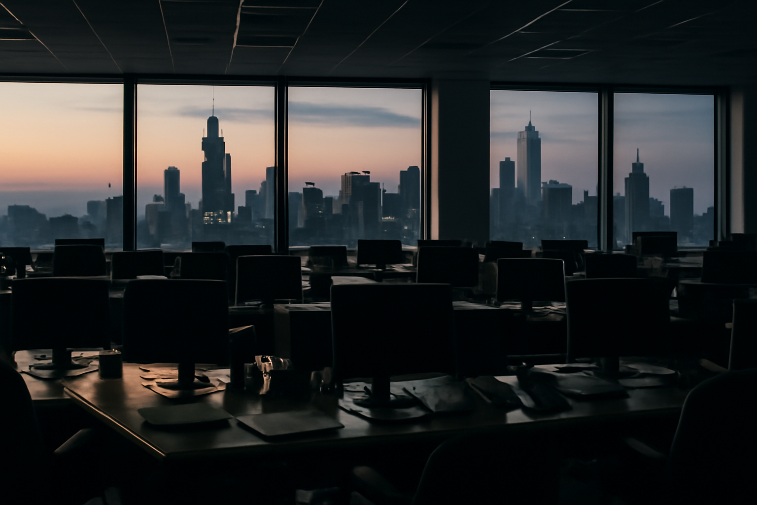 Empty newsroom desks with dimmed overhead lights and a Chicago skyline visible through the window