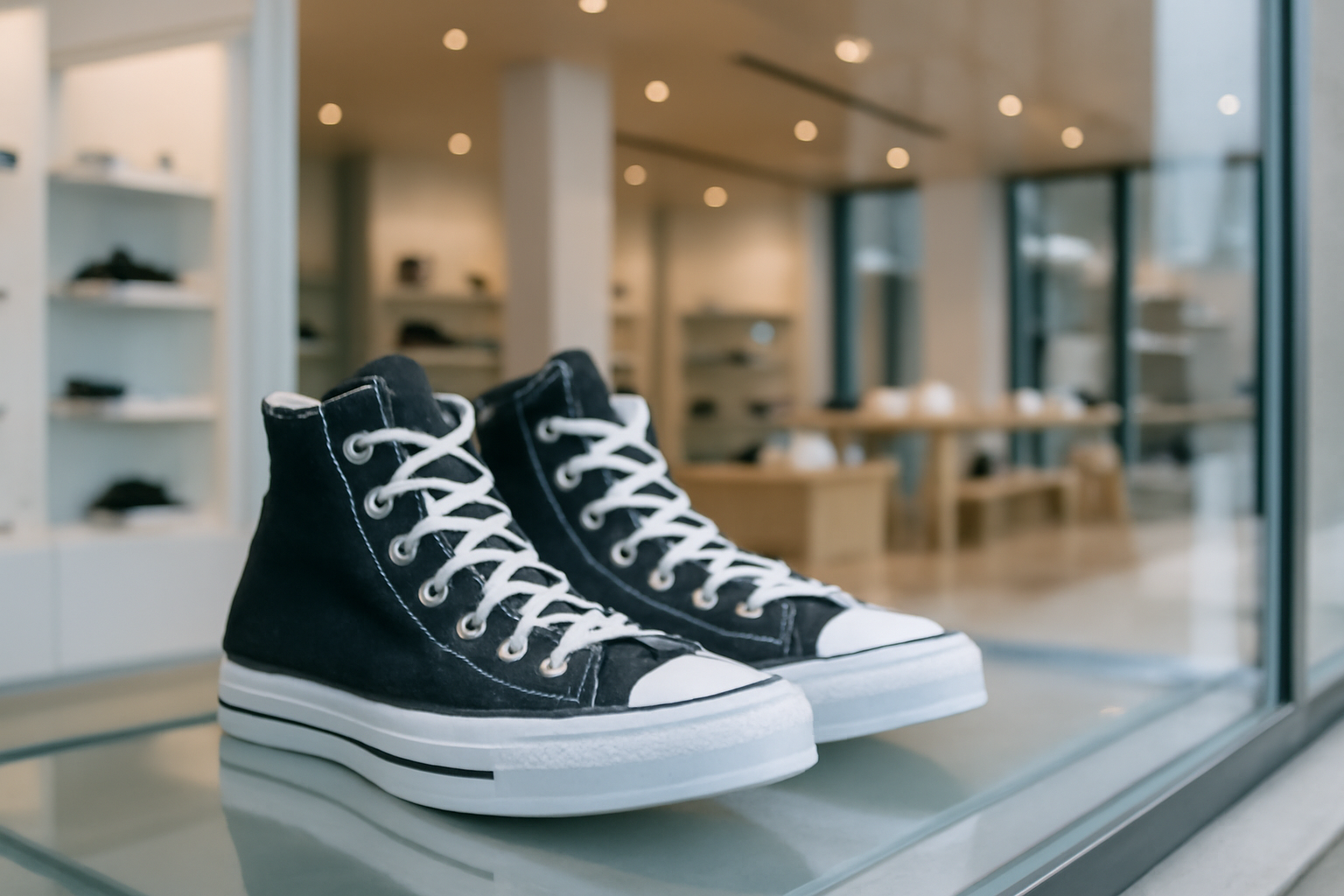 A pair of Converse sneakers displayed in a retail store window