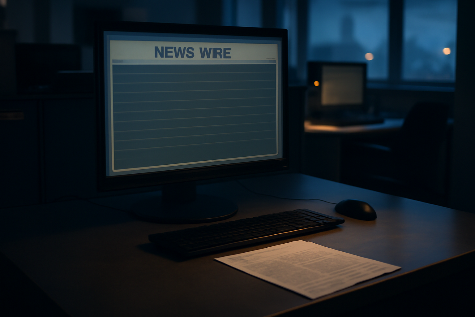 Empty newsroom desk with a blank computer screen and a single press wire printout