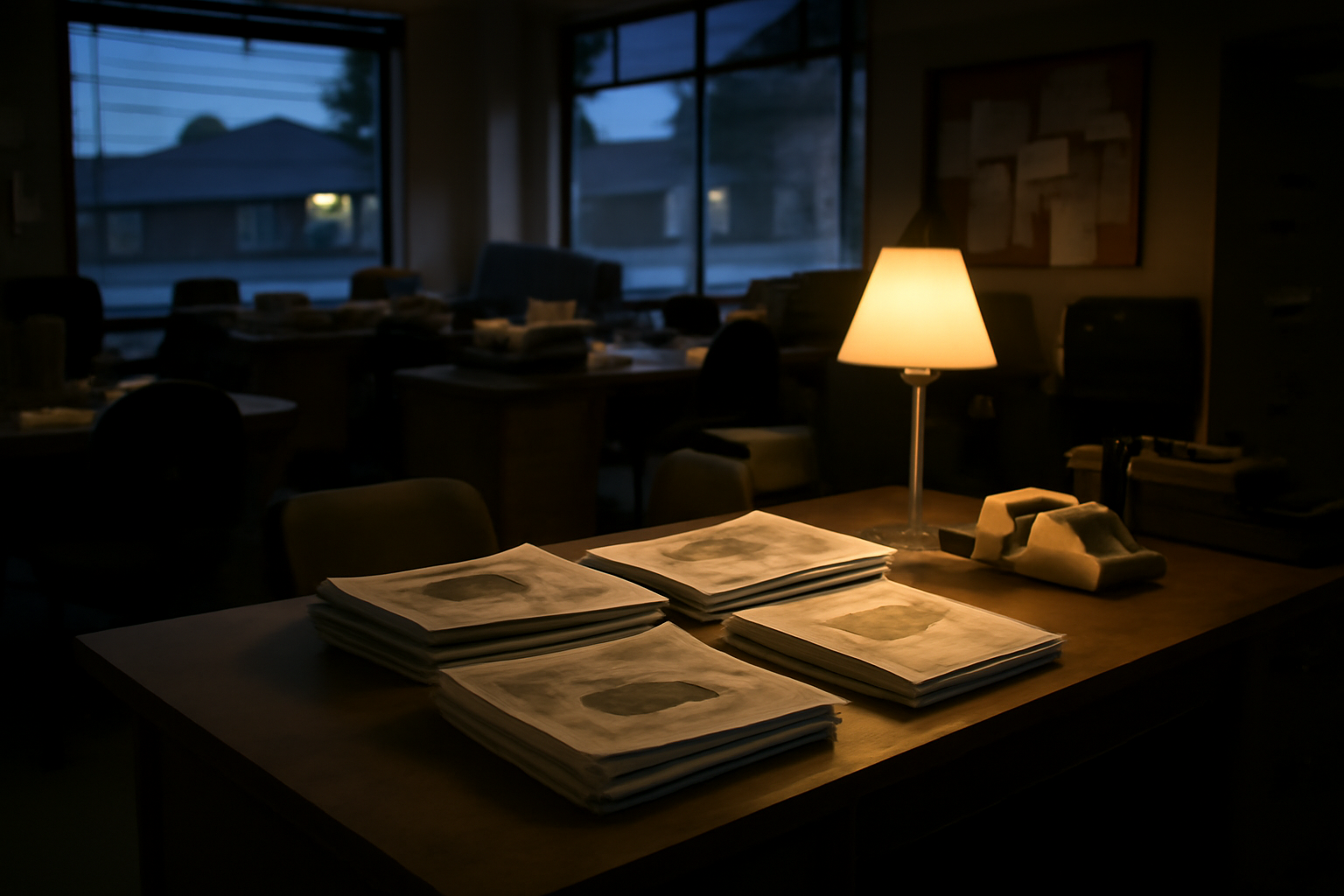 Empty local newspaper newsroom with a single desk lamp lit over scattered print editions