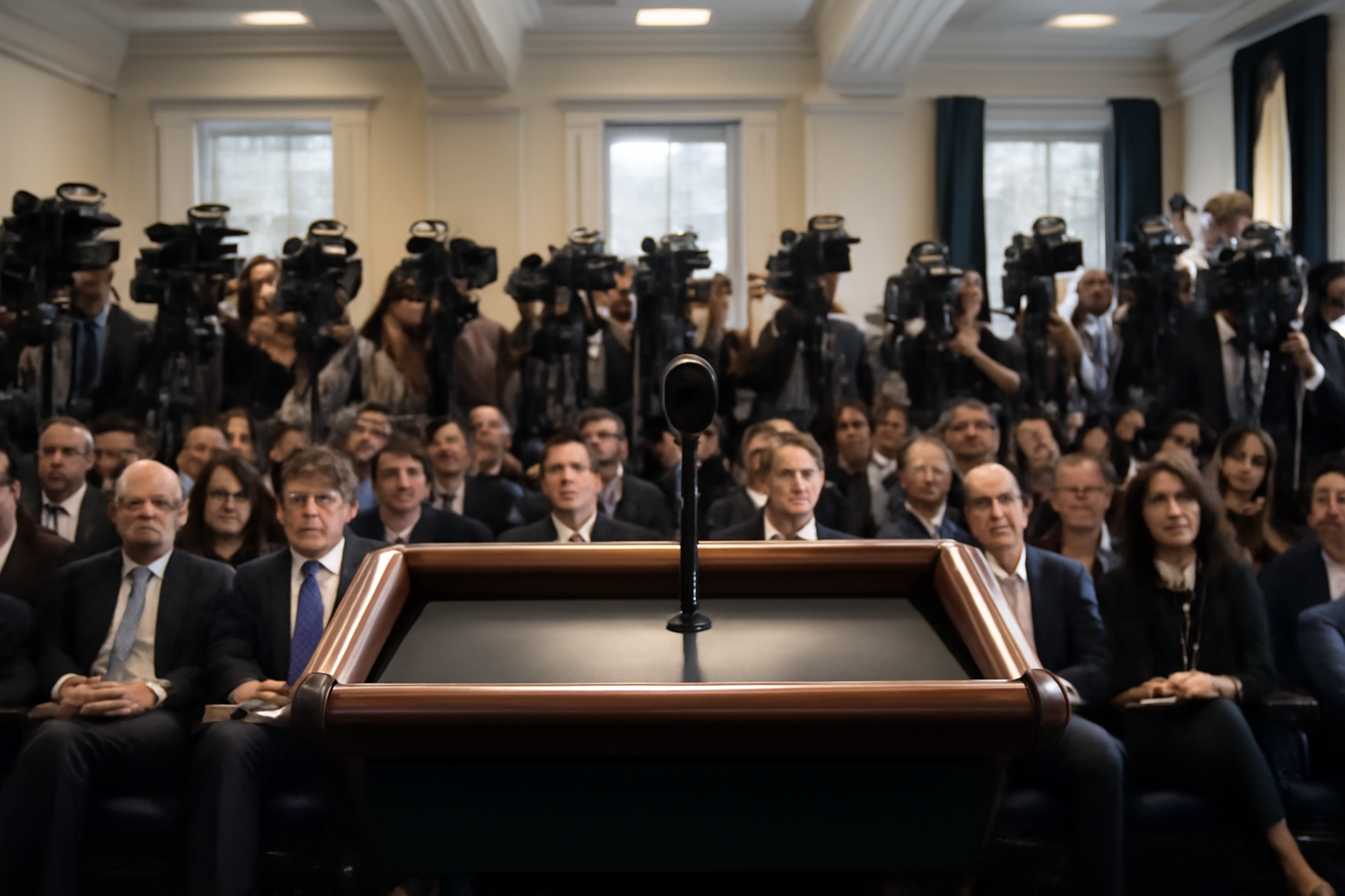 Row of press cameras and microphones pointed at an empty White House podium