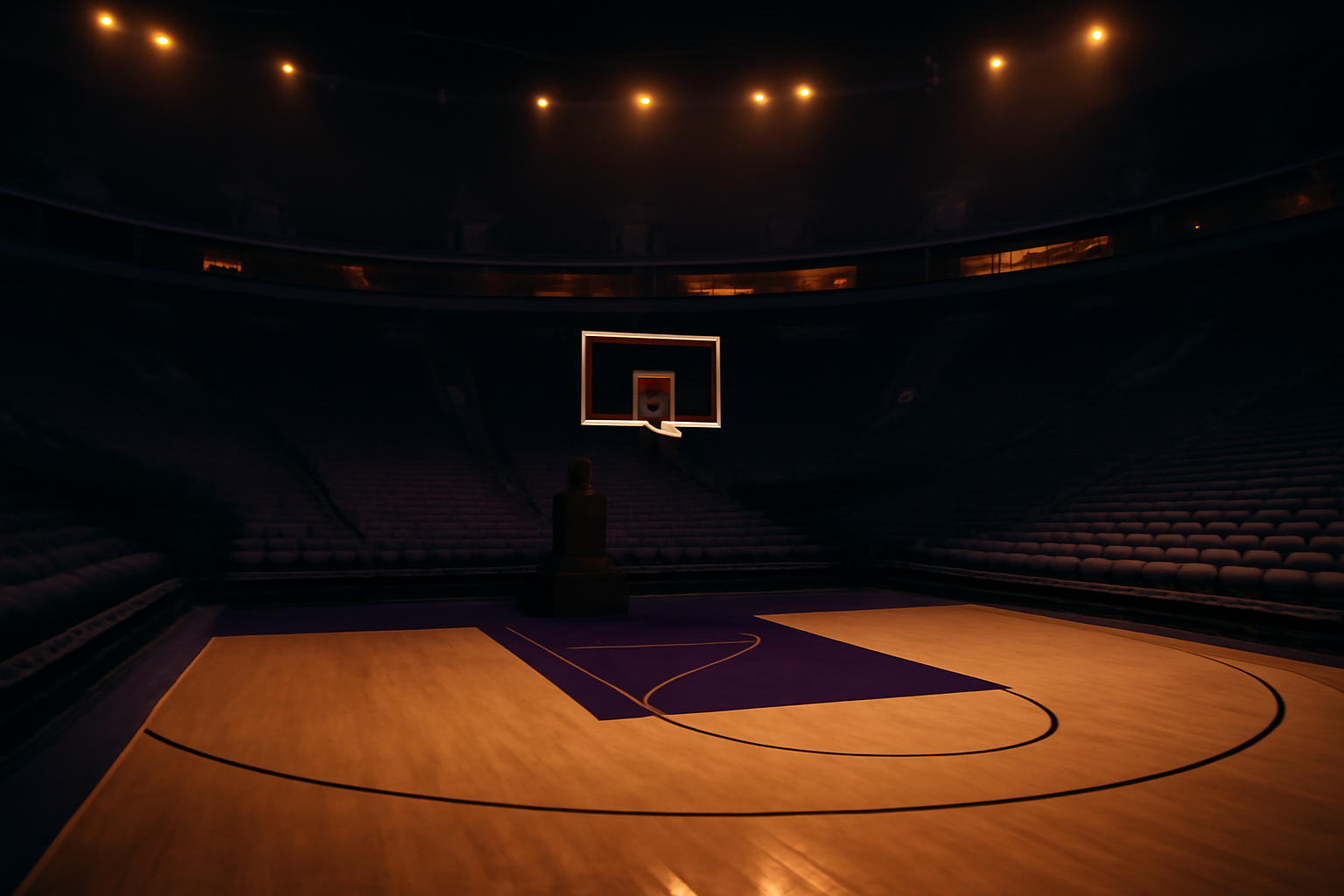Empty NBA arena interior with hardwood court and overhead scoreboard before tip-off
