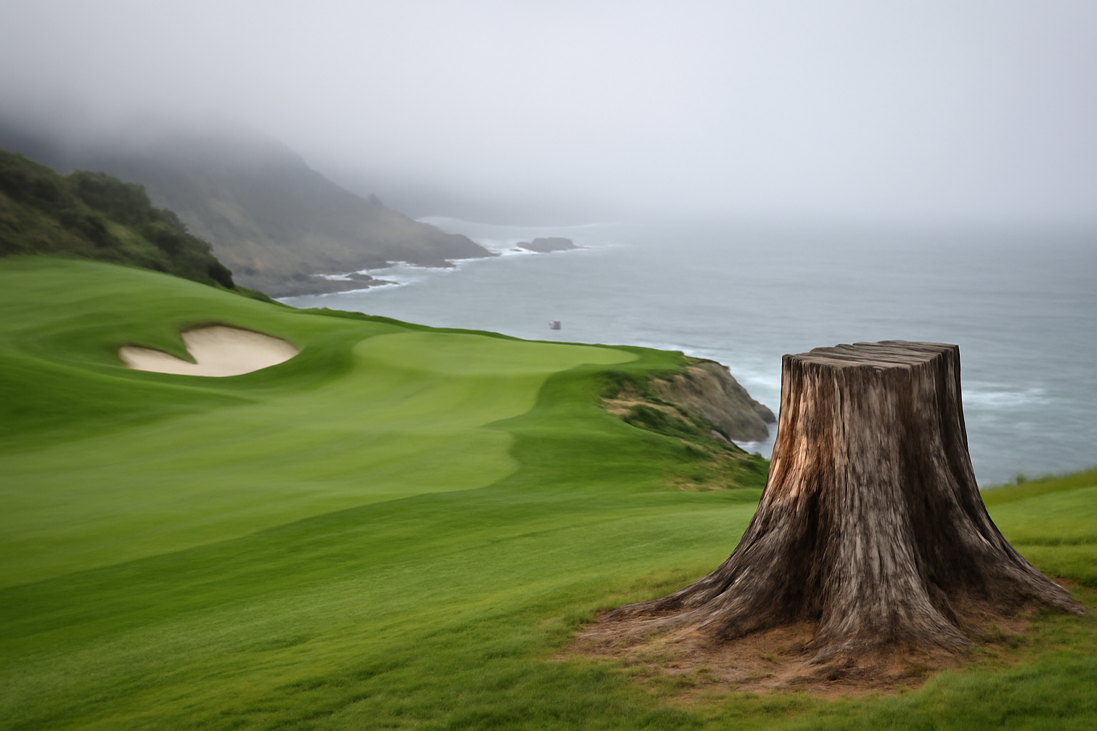 A solitary cypress tree stands near a fairway overlooking the Pacific Ocean at a California golf course.