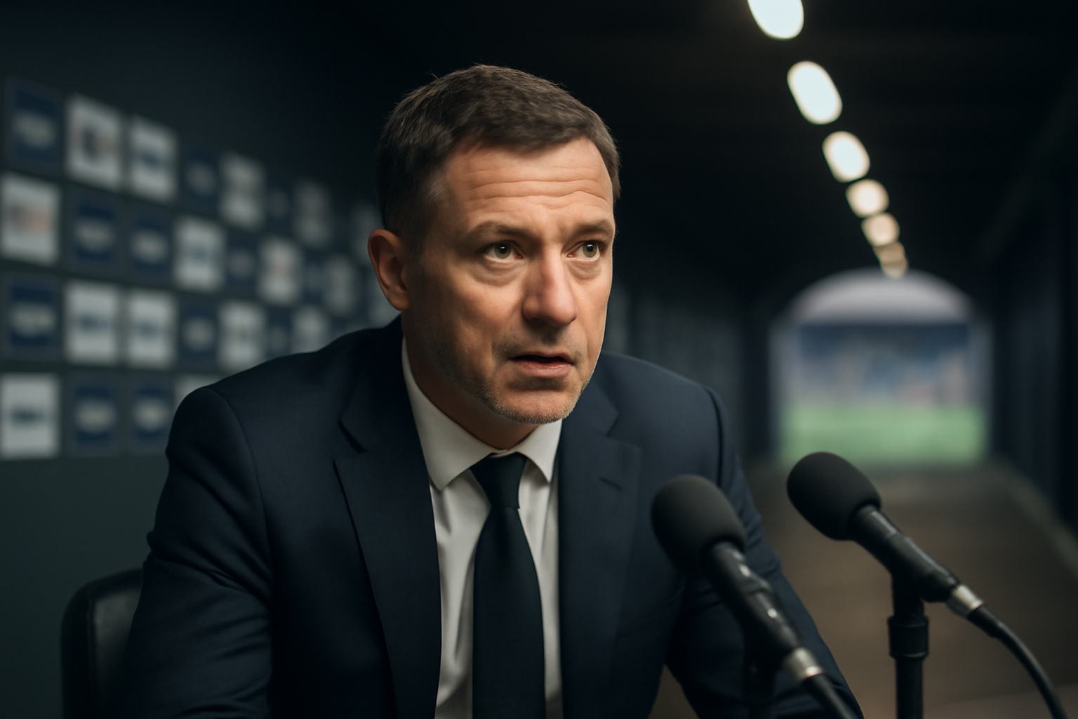 A soccer manager speaks at a pre-match press conference podium with a club crest microphone flag visible