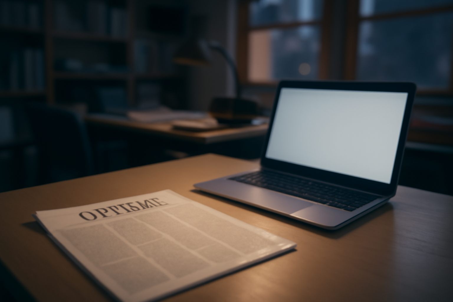 A printed opinion page next to a laptop on a newsroom desk at dusk