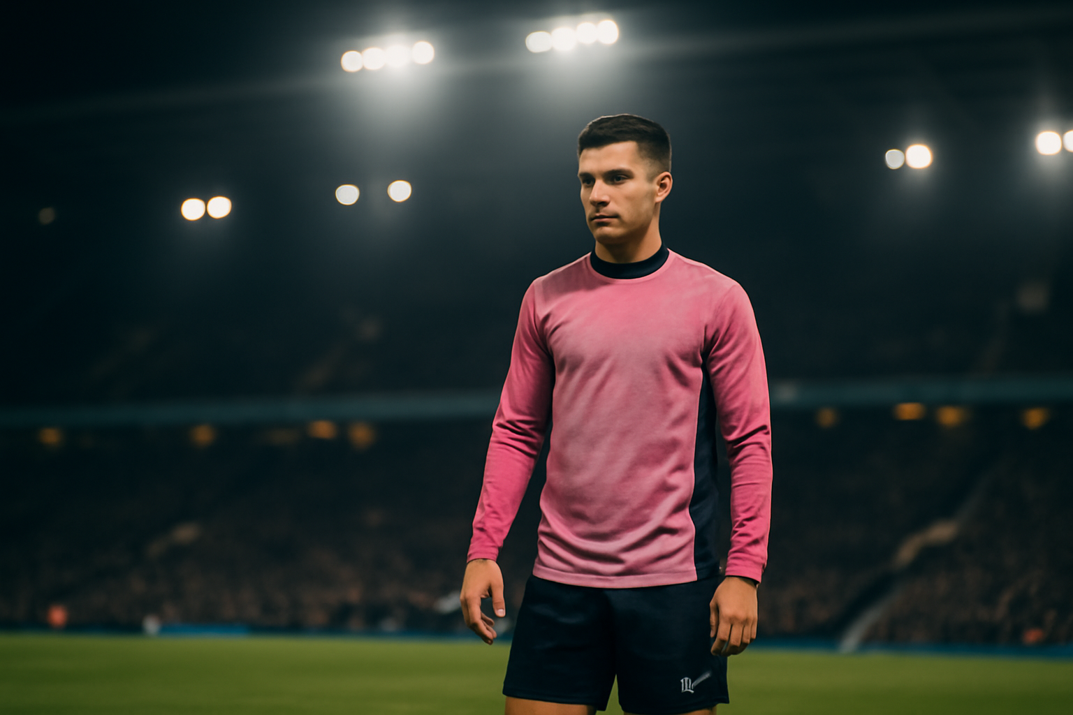 Soccer player in Inter Miami pink kit standing on a stadium pitch before a match