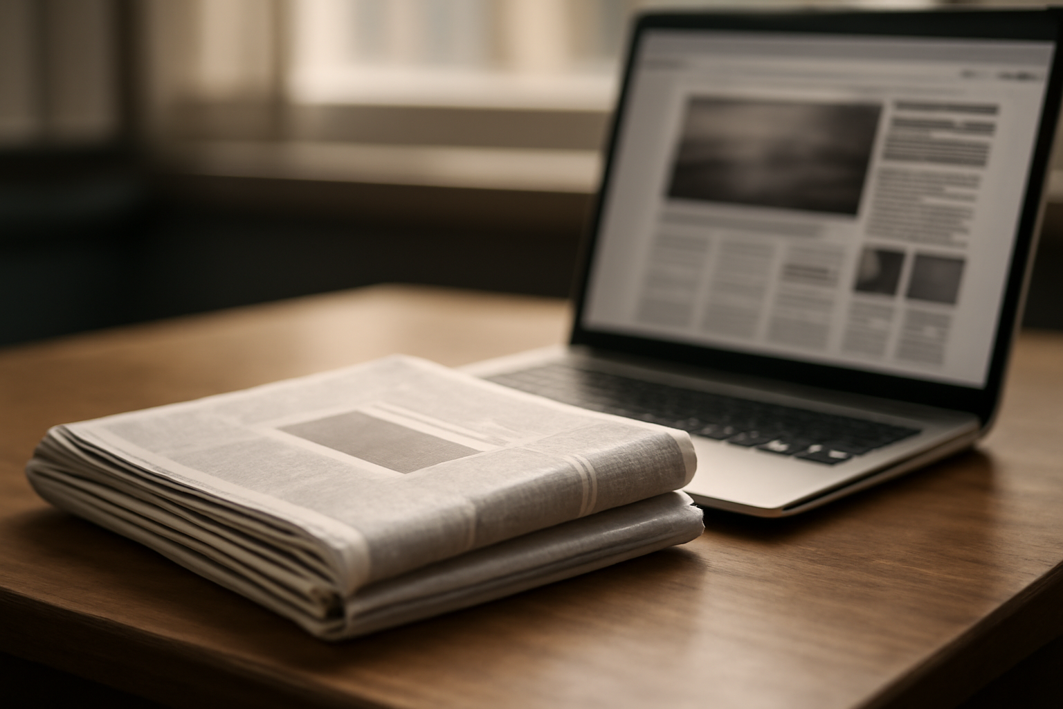 A folded military newspaper sits on a wooden desk beside a laptop showing a news website
