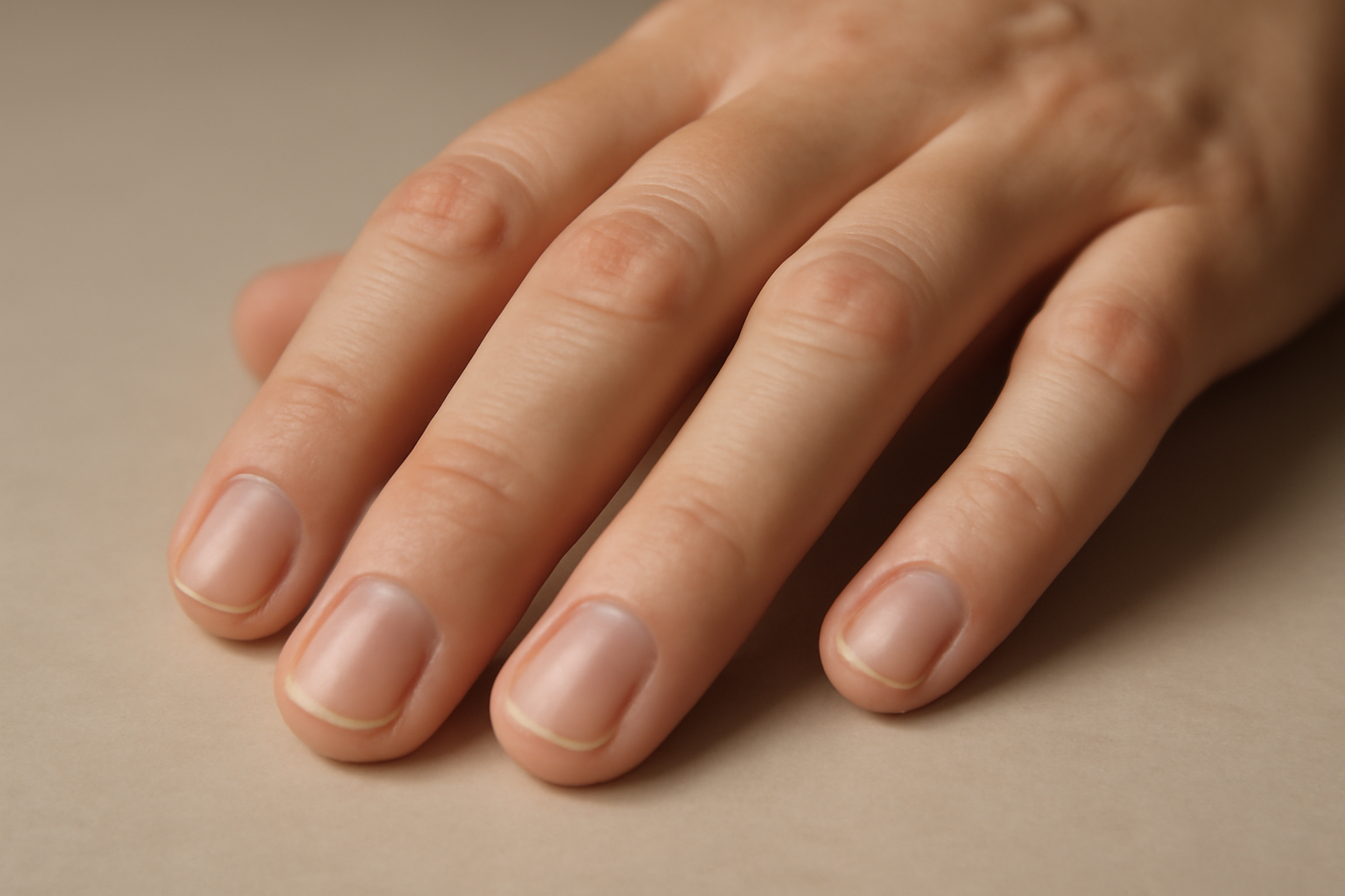 A hand with unpolished, natural fingernails resting on a neutral surface