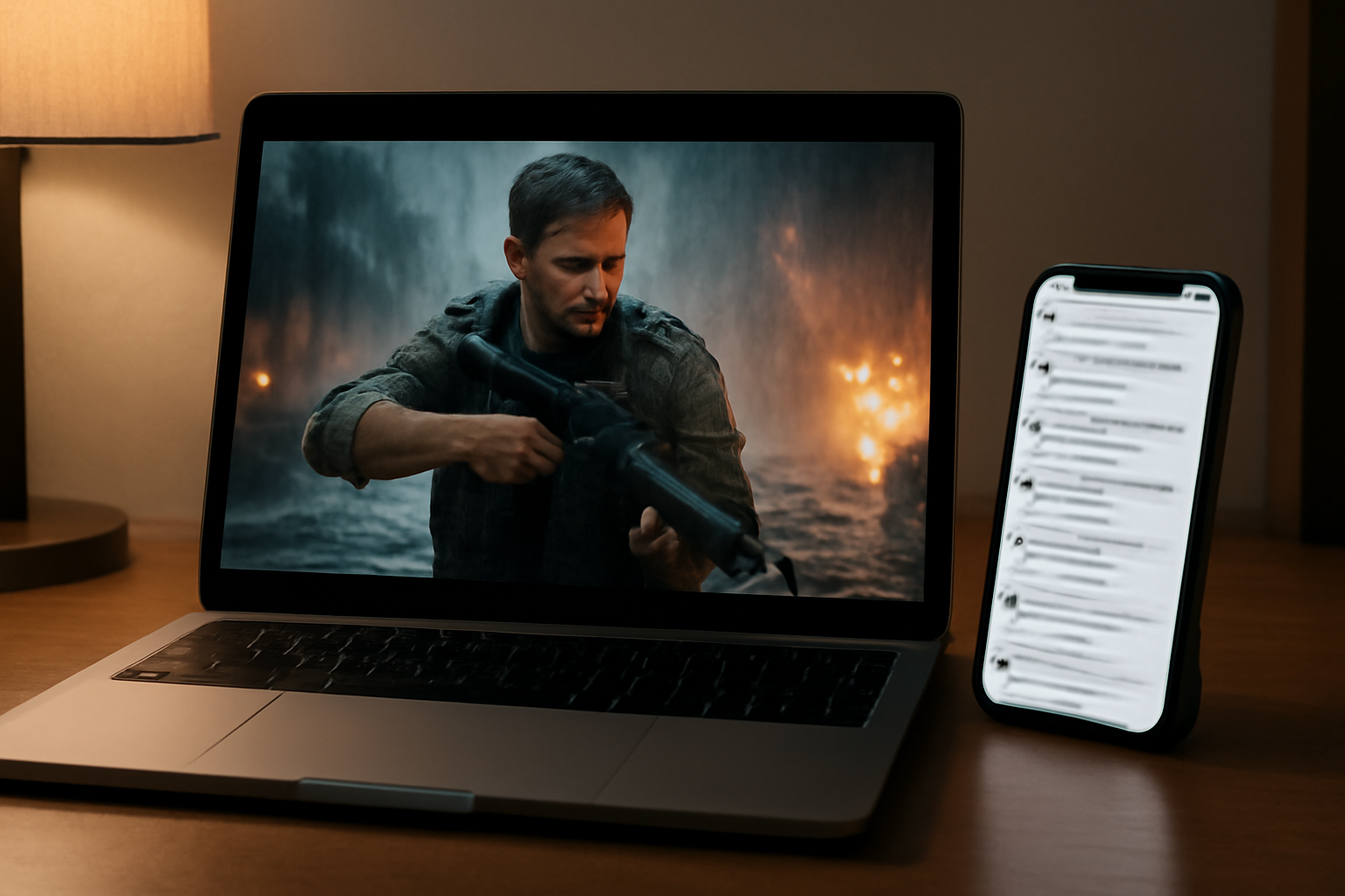 A laptop screen paused on a movie trailer frame next to a phone displaying social media comments