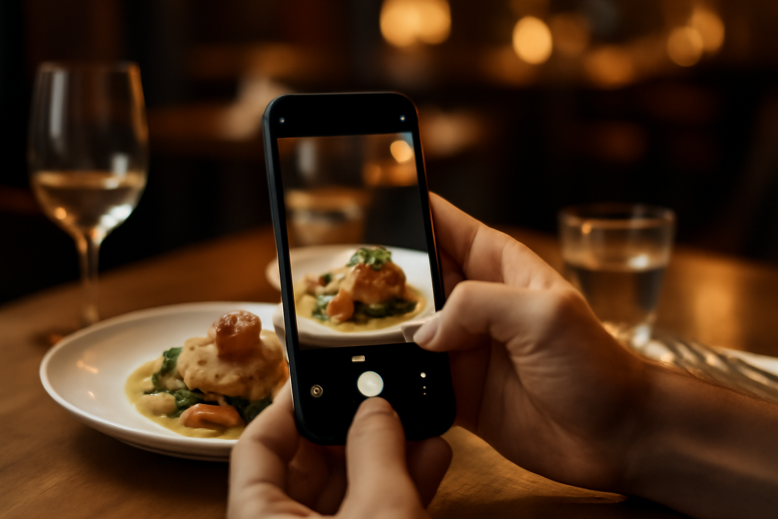 Smartphone camera photographing a plated restaurant meal on a wooden table