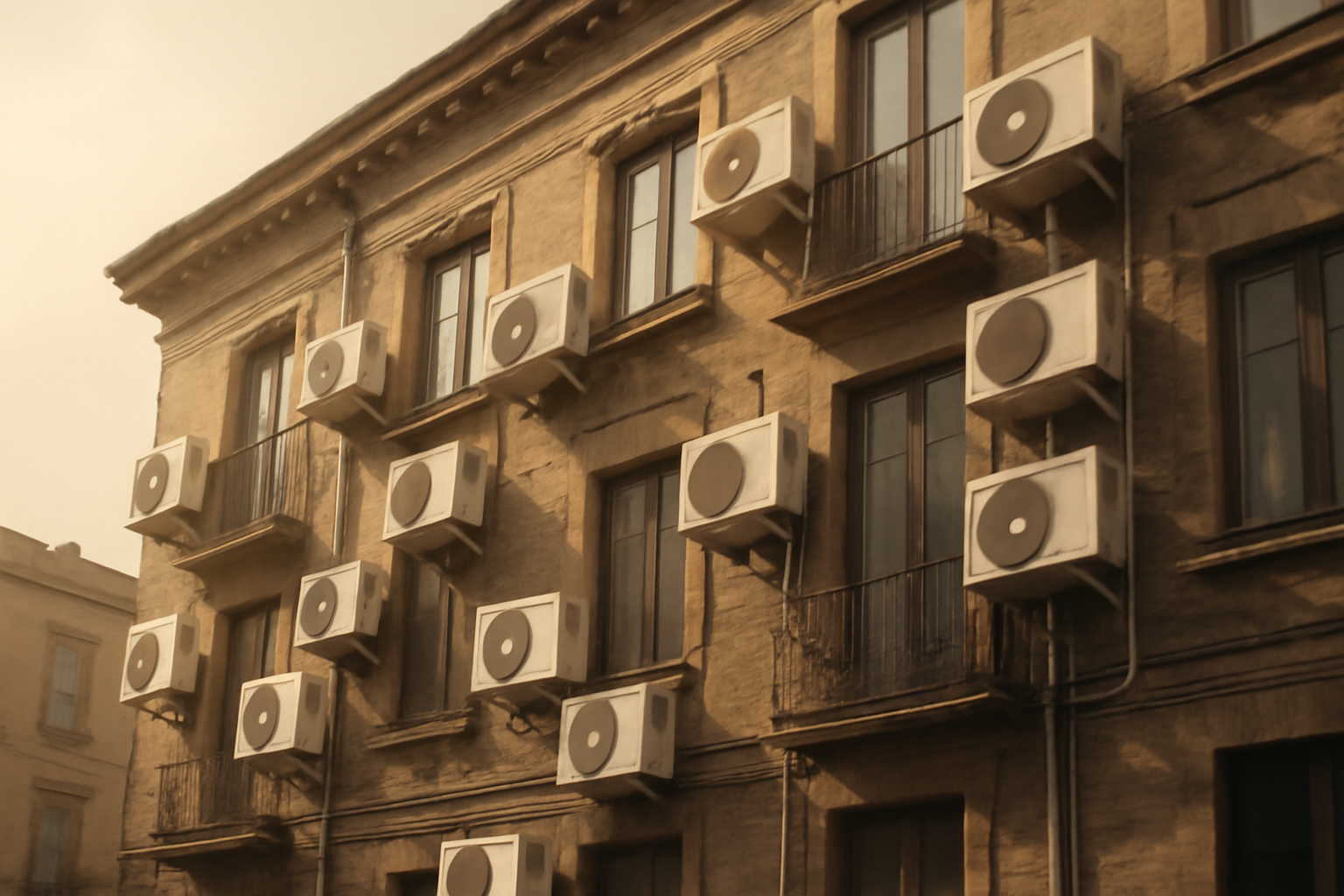 Air conditioning units mounted on the exterior wall of a European apartment building during a heatwave