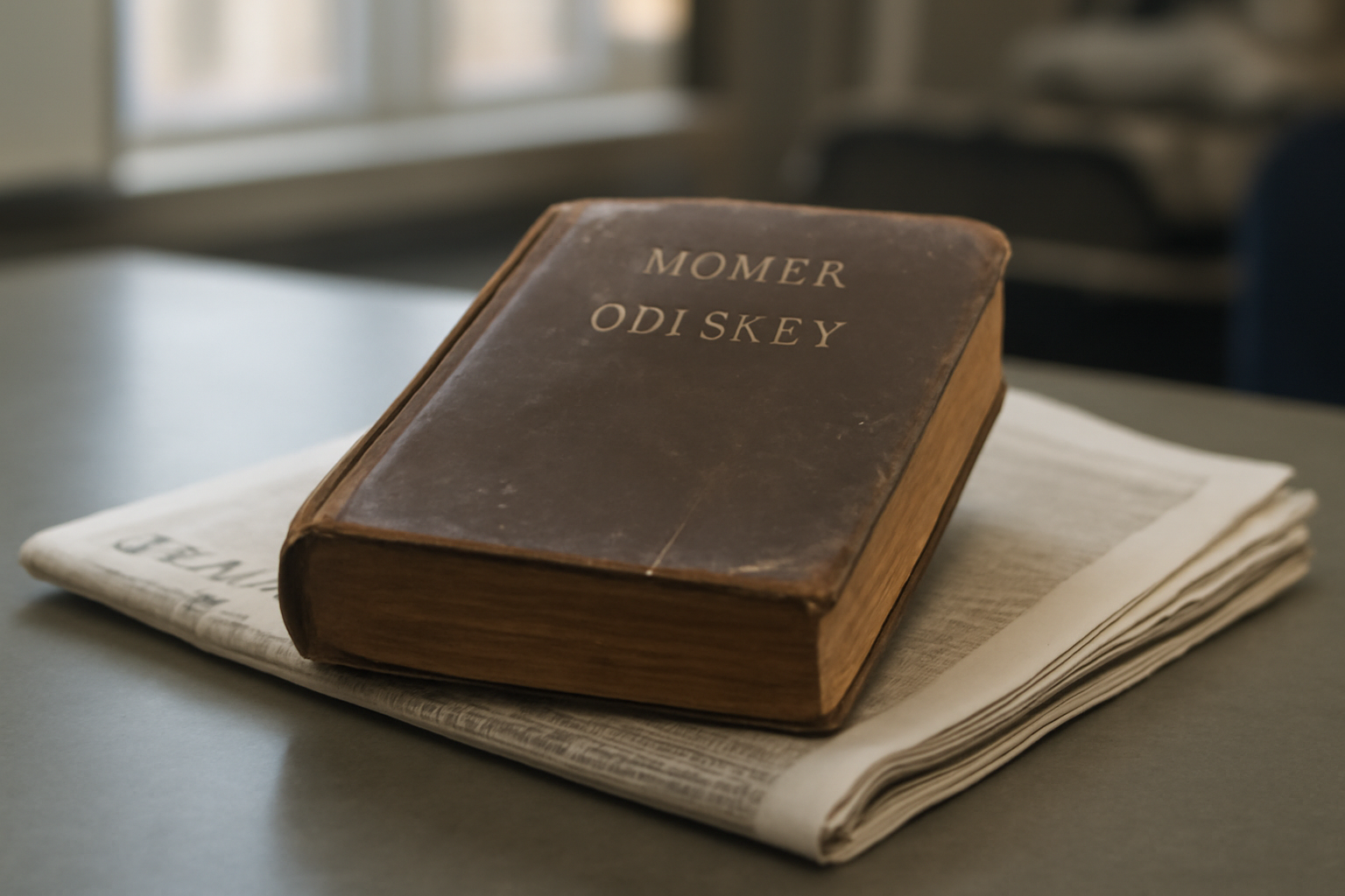 A worn hardcover copy of Homer's Odyssey resting on a newspaper opinion page