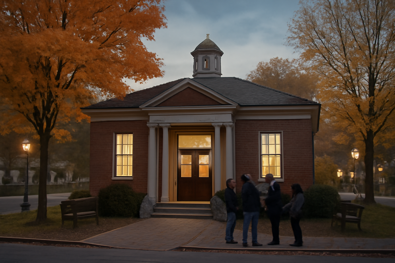 A small brick public library building in a New Jersey town center