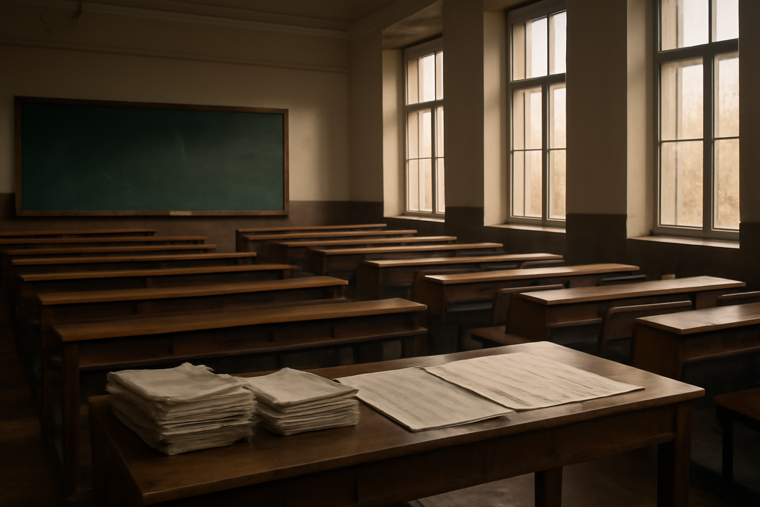 Empty university lecture hall with chalkboard and stacked academic papers, morning light through windows