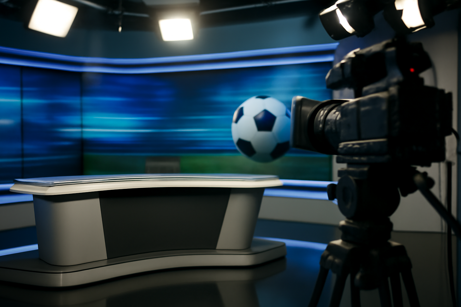 A television studio camera pointed at an empty broadcast desk under studio lighting