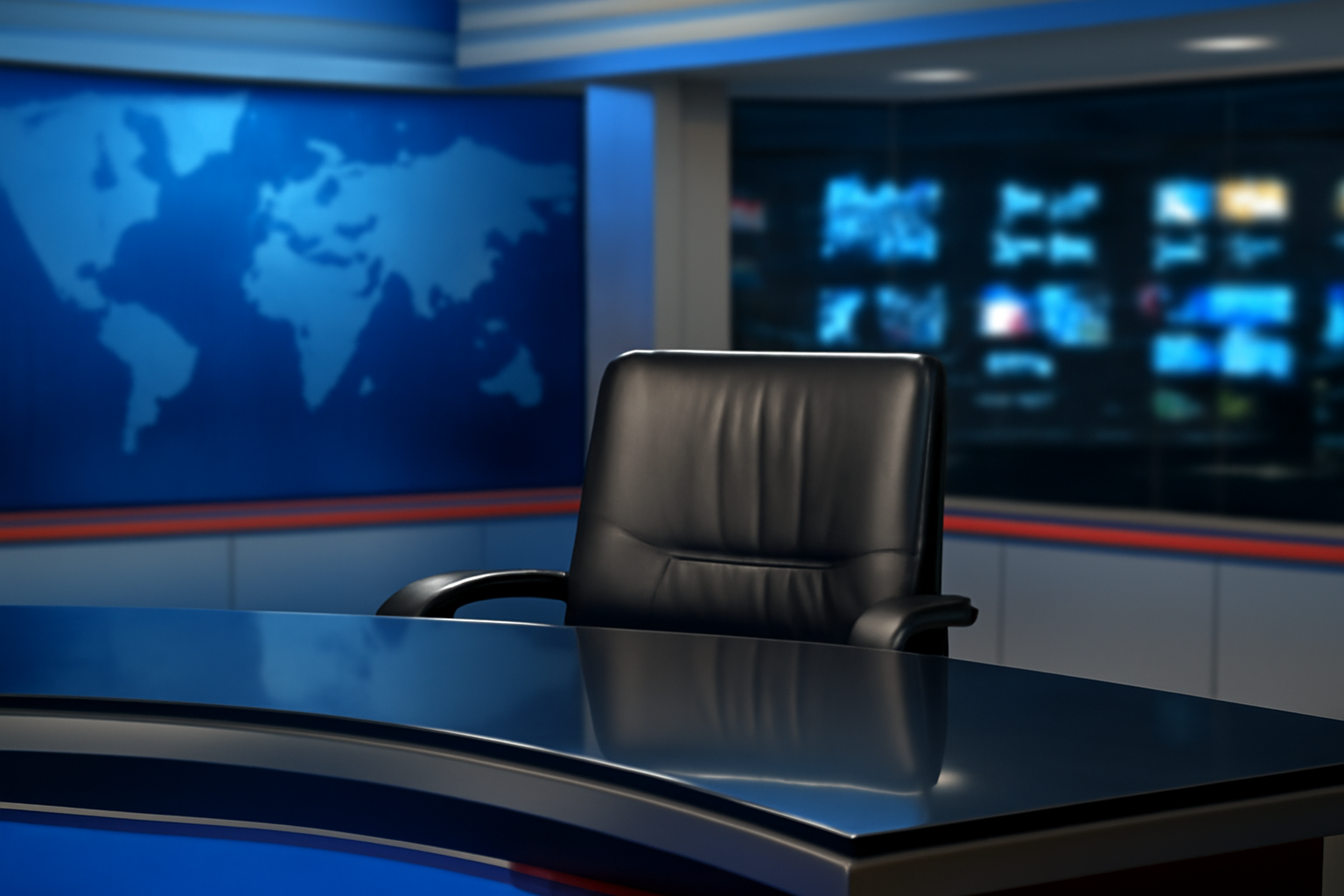 A television news studio desk with an empty chair and a Fox News Media branded backdrop