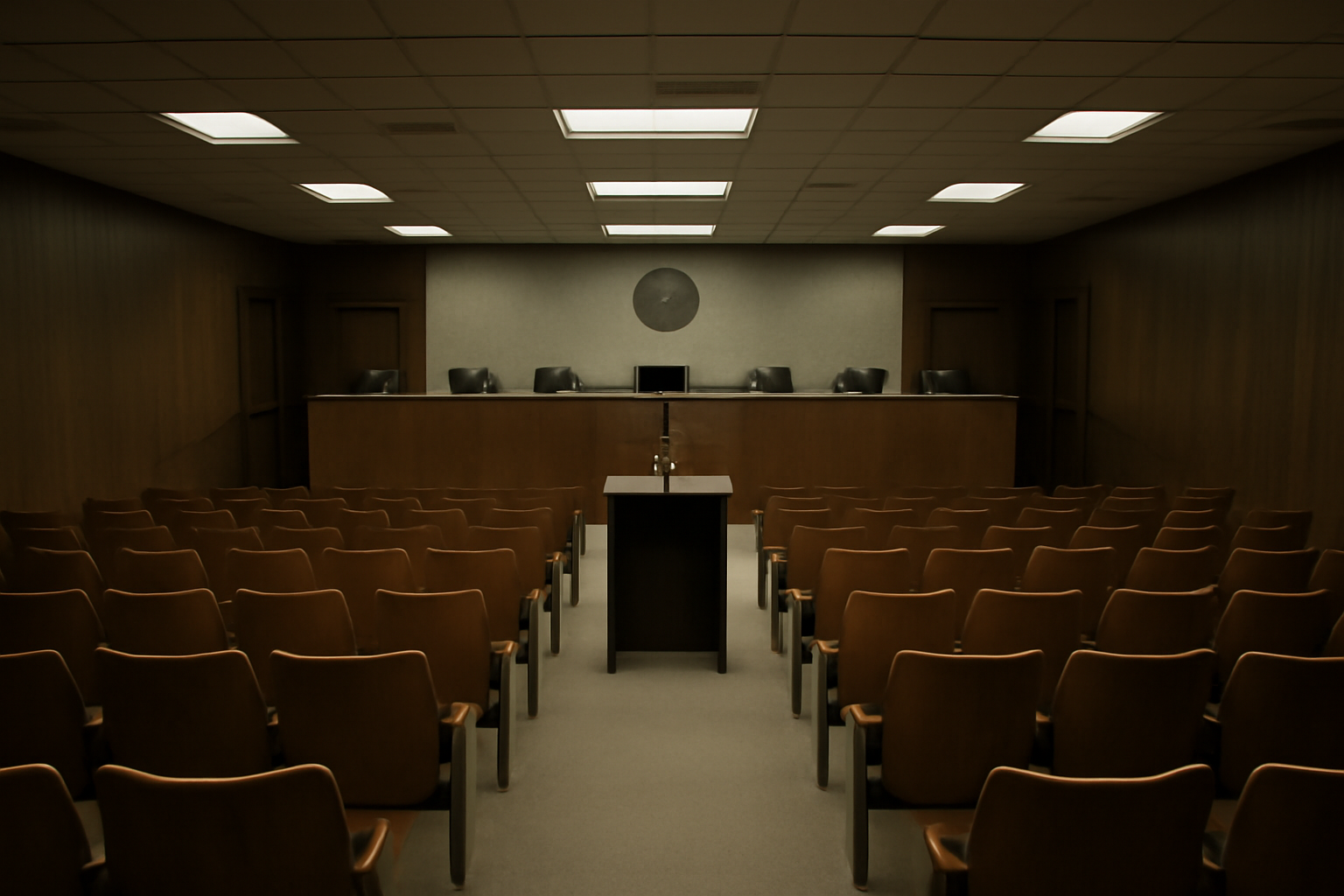 Empty county board meeting room with rows of vacant seats and a lone microphone at the podium