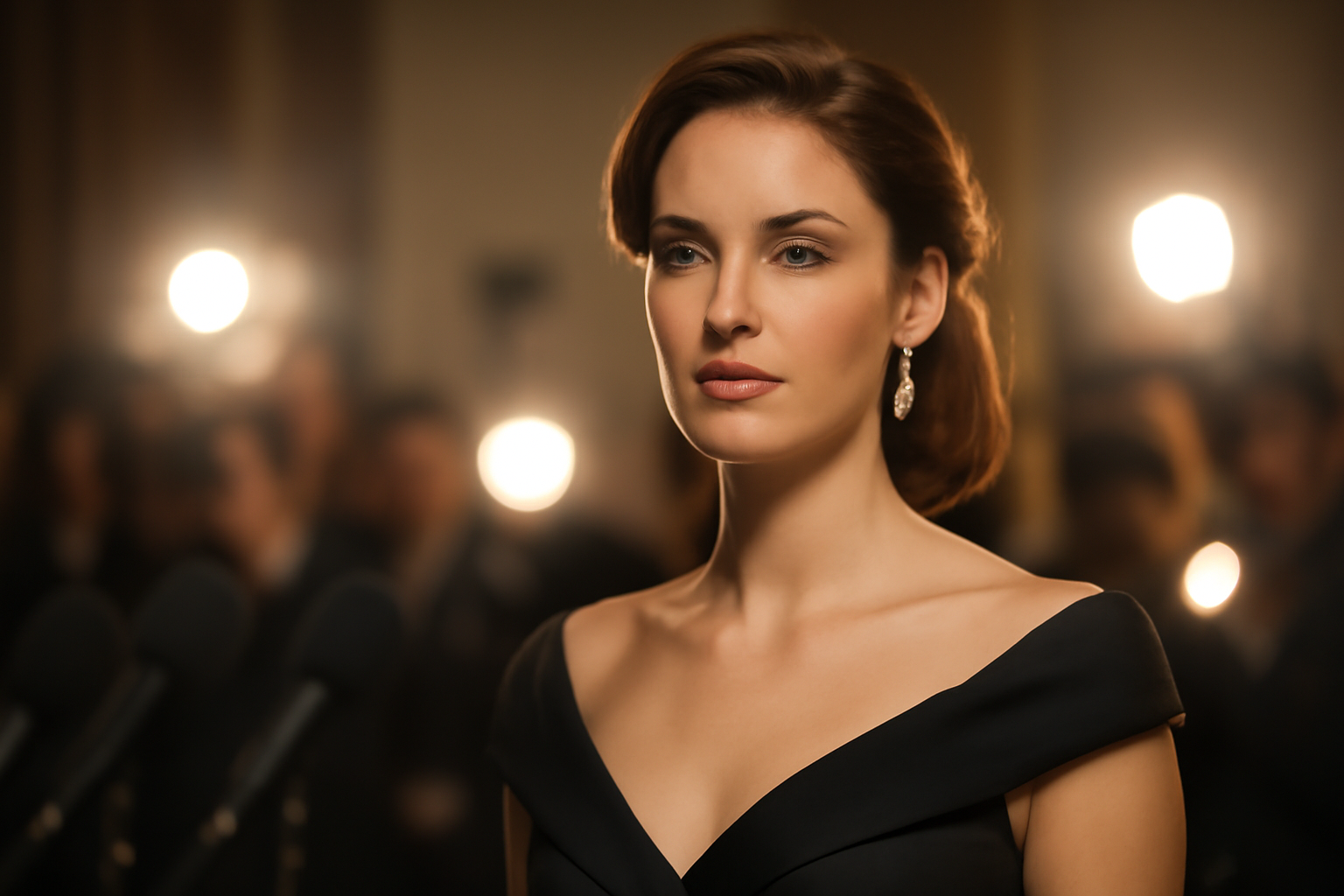 A film actor pauses under stage lights before a press interview, microphone stands visible in soft focus