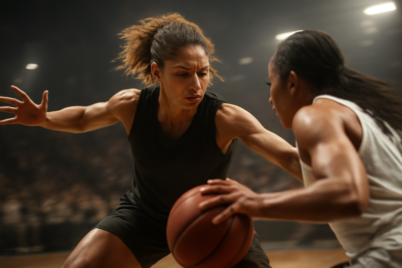 A WNBA guard defends closely against an opposing player during a physical drive to the basket