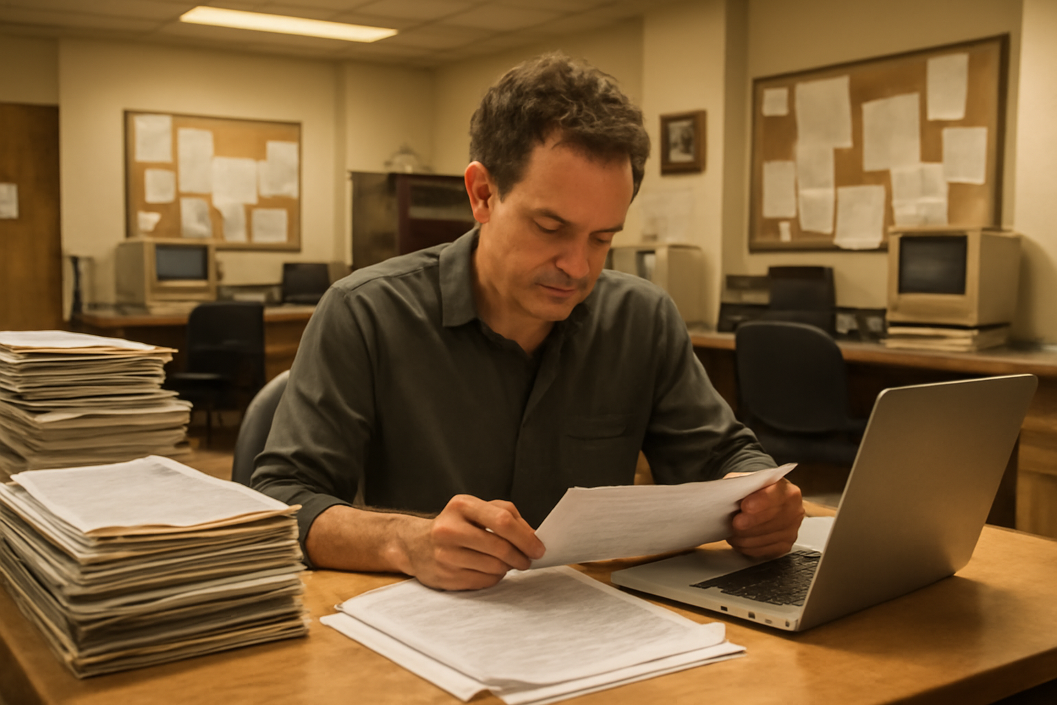 A small-town newsroom with a reporter reviewing public records at a desk stacked with local newspapers