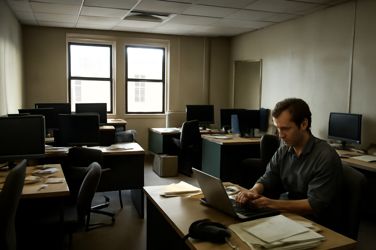 A small local newsroom with a few desks, one occupied, lit by afternoon window light