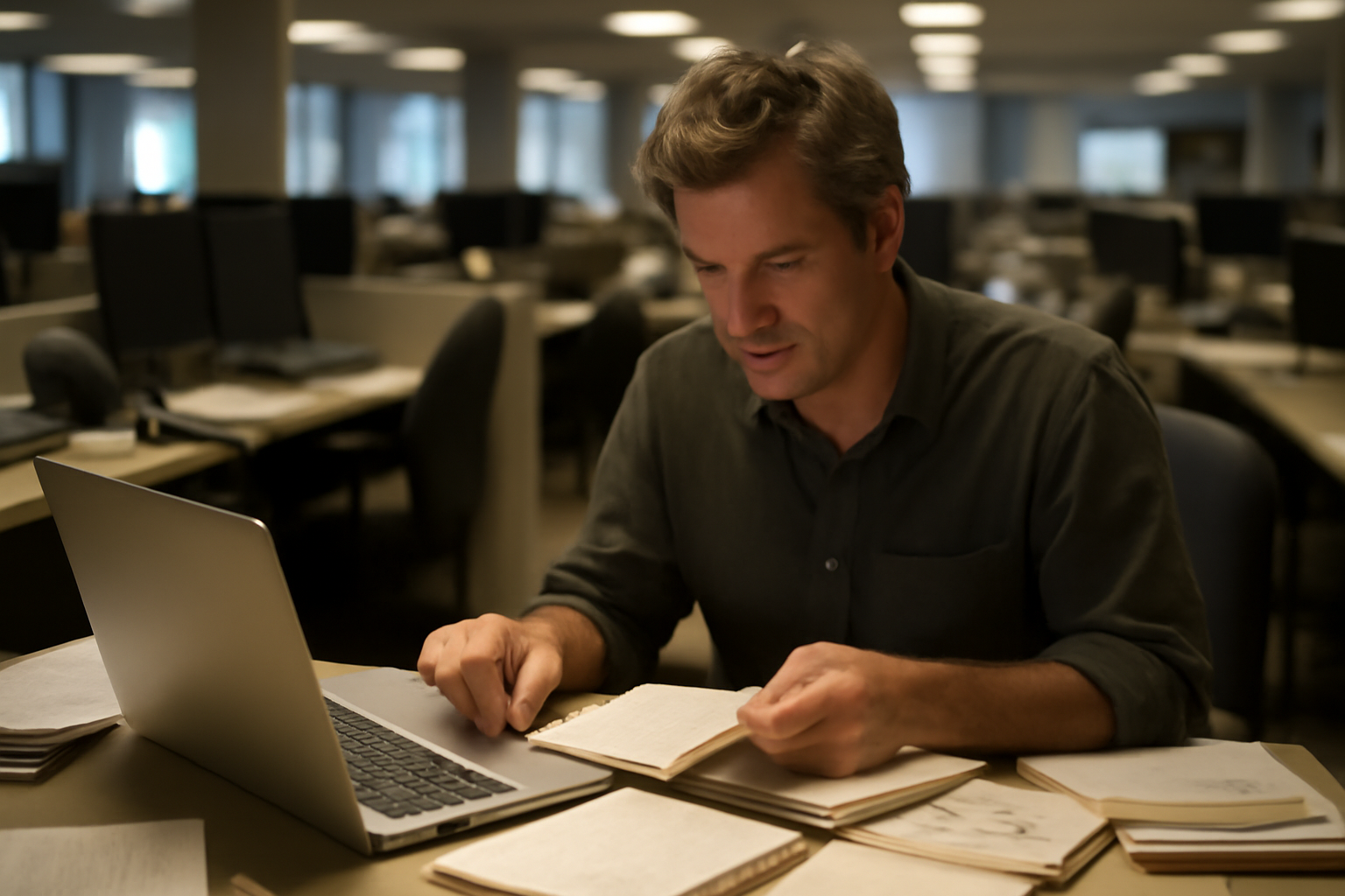 A reporter reviewing handwritten notes at a laptop in a dimly lit newsroom