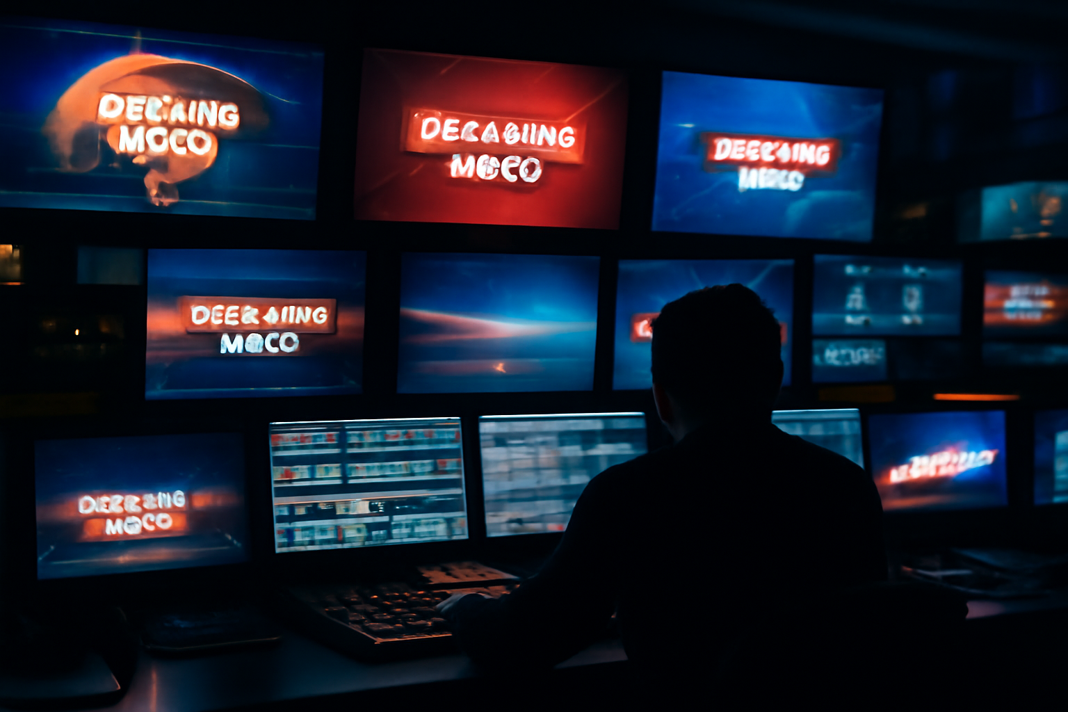 A row of television newsroom monitors showing split-screen coverage of a breaking news event