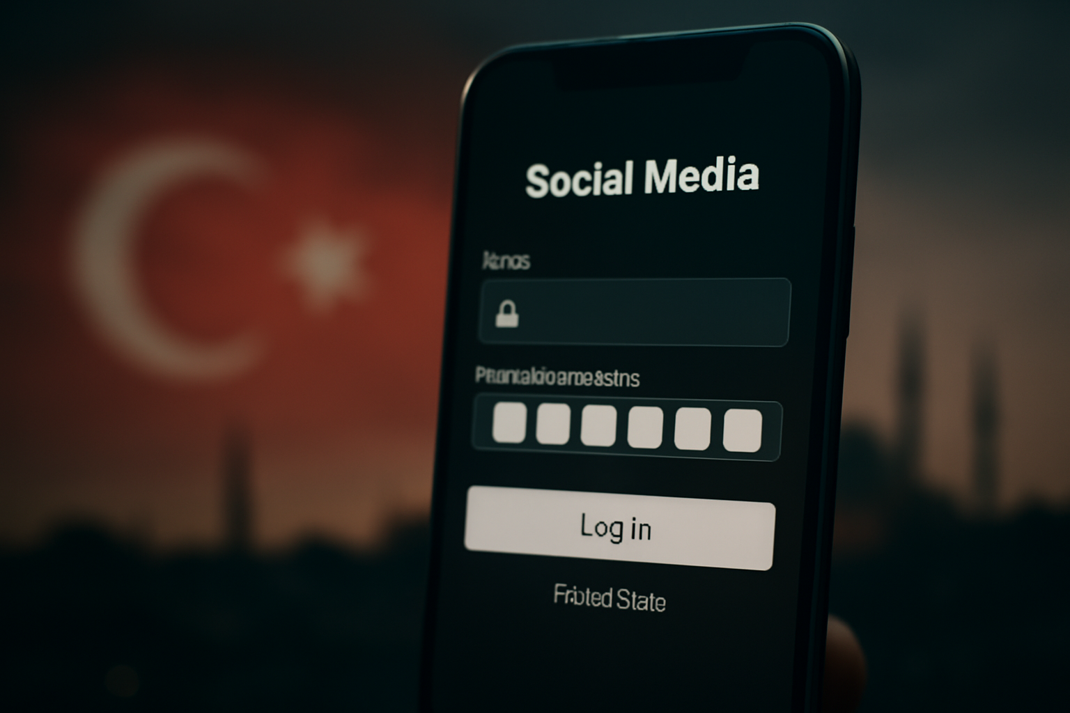 Smartphone displaying a social media login screen with a Turkish flag reflected in the dark glass background