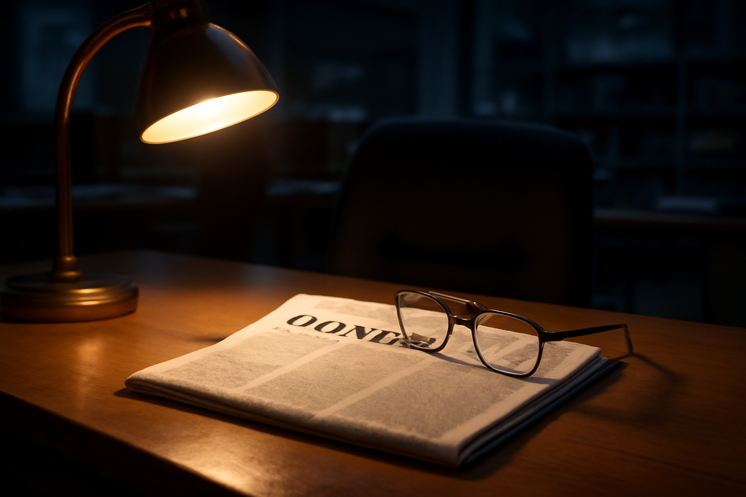 A folded newspaper opinion page resting on a wooden desk beside a reading lamp
