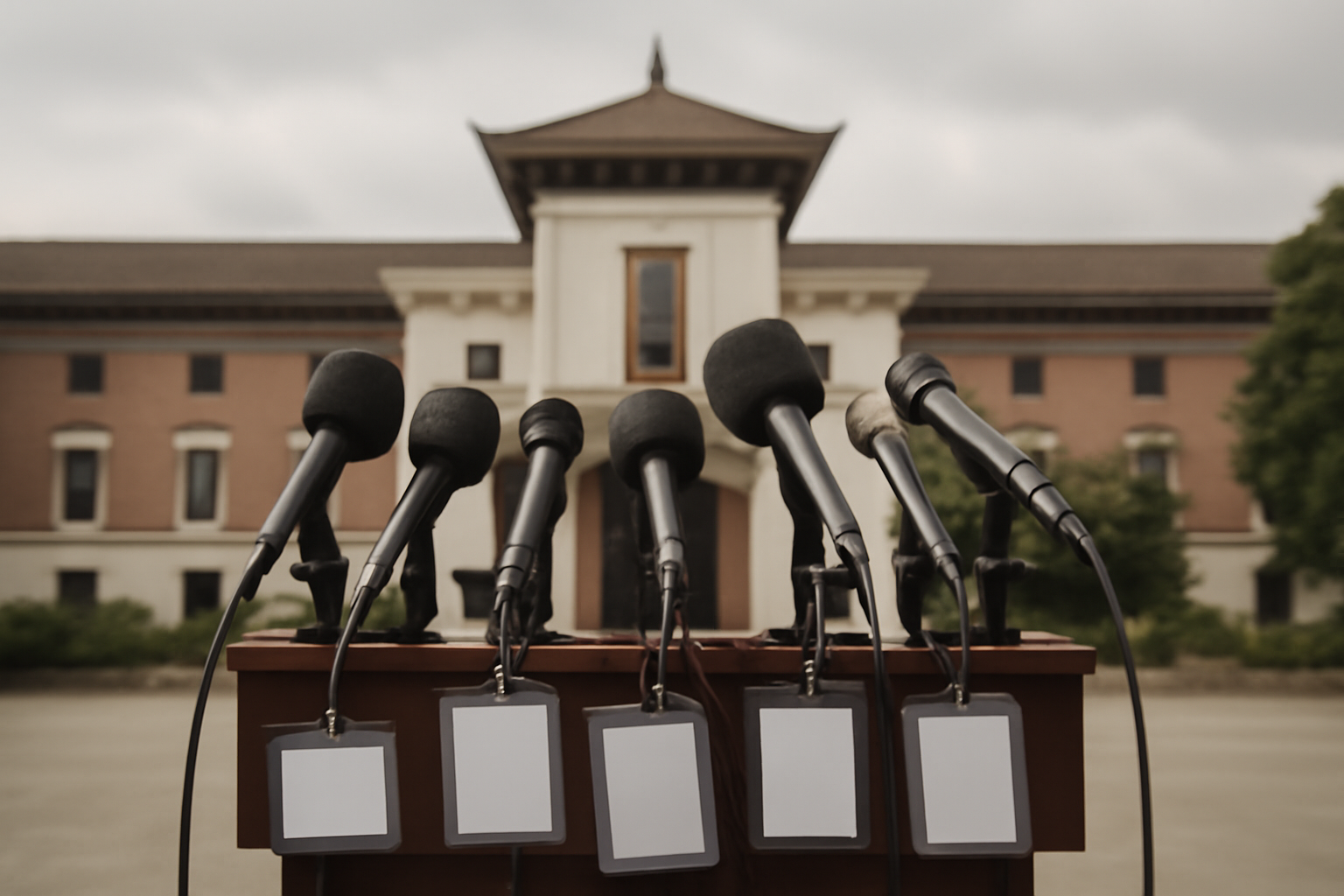 A microphone bank and press badges set up outside a government building in Kathmandu, Nepal