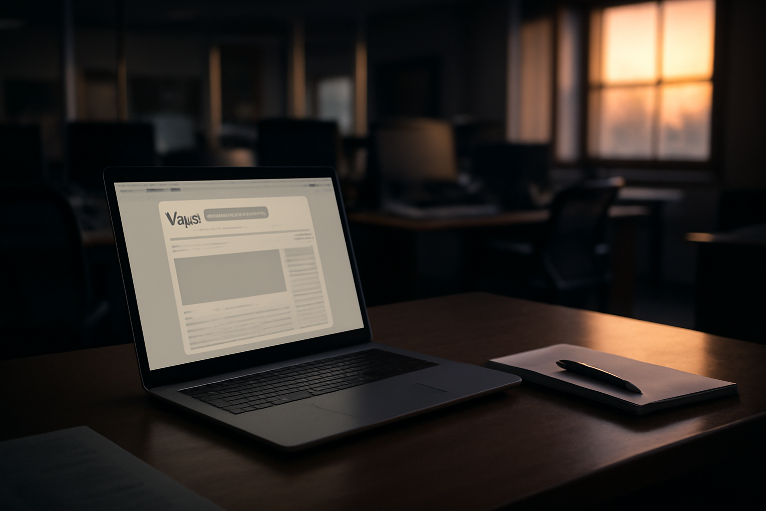 A newsroom desk with a laptop displaying a partial news headline and an unfinished article draft
