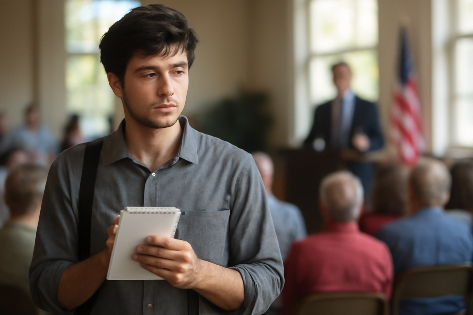 A college student reporter taking notes with a laptop at a local campaign event