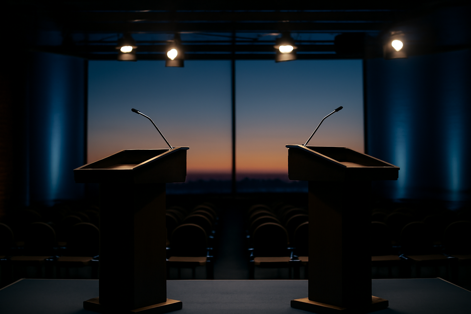Empty television debate stage with two unlit podiums facing dark audience seating.