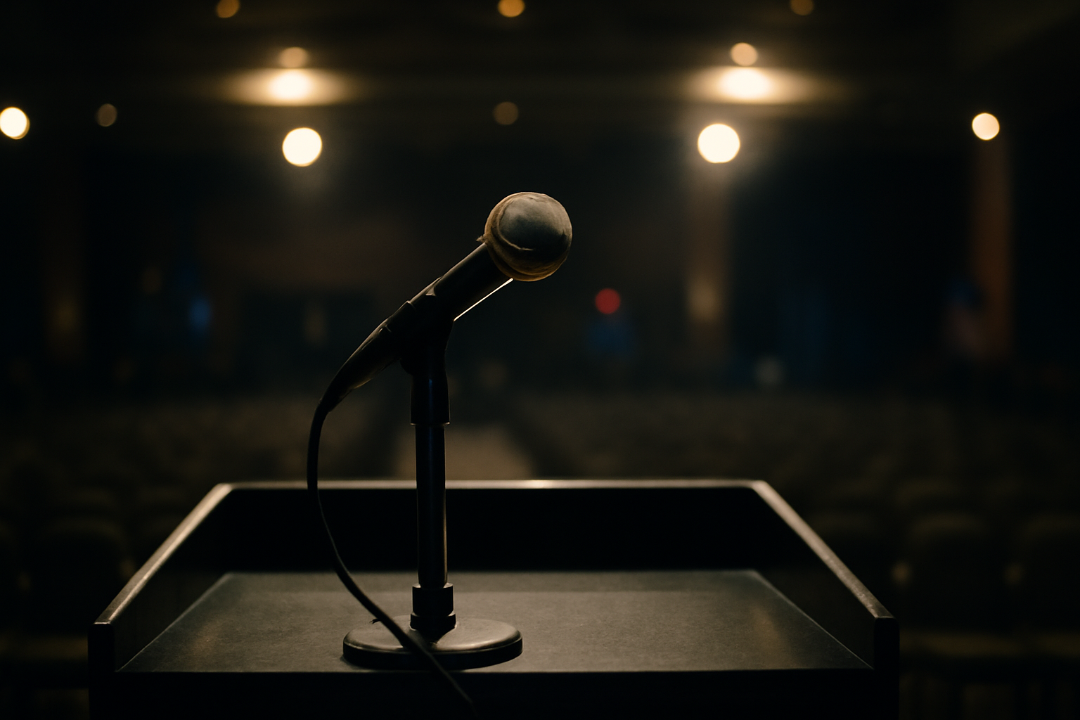 A microphone at a podium with an out-of-focus campaign banner in the background