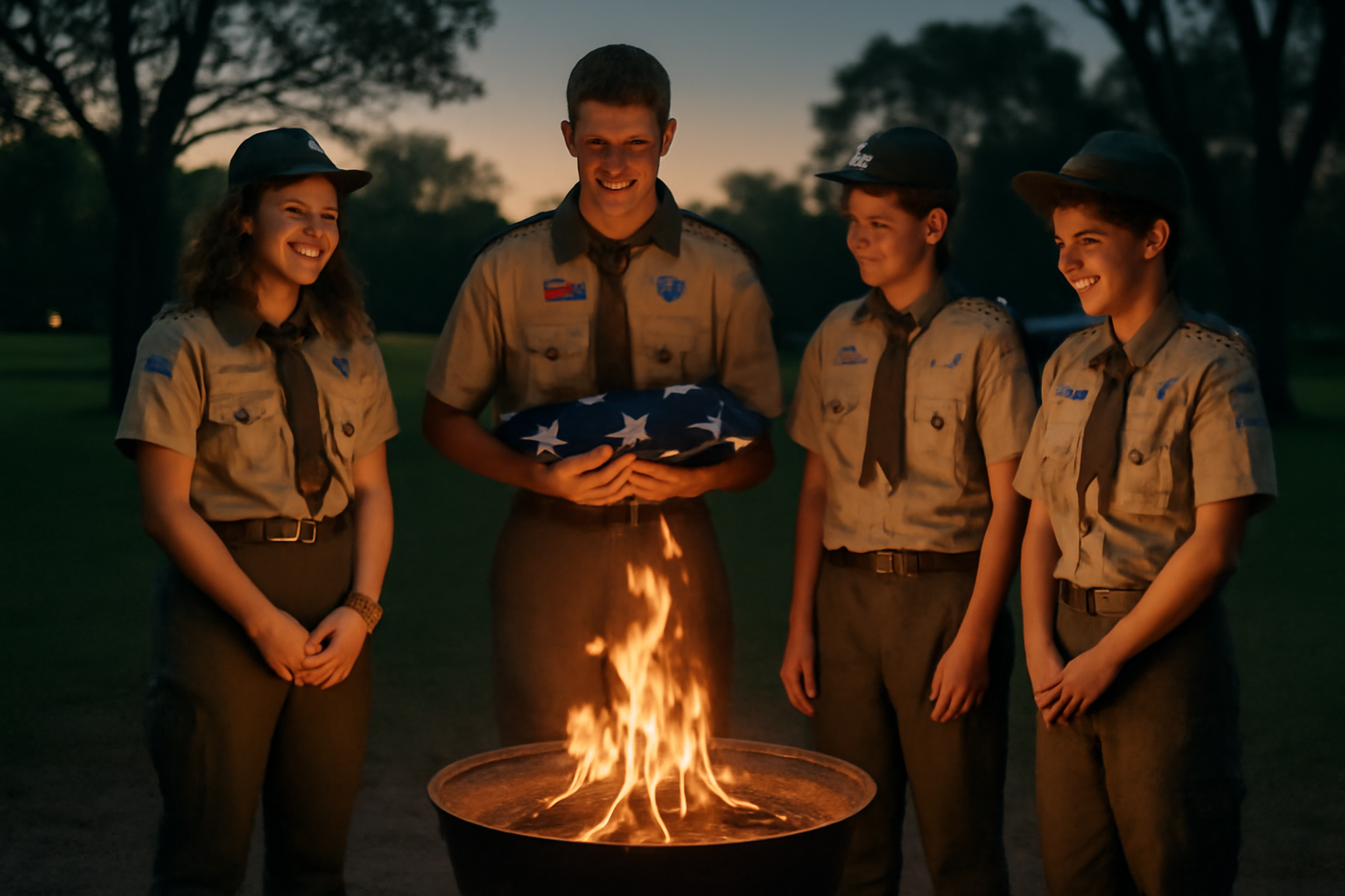 Scouts in uniform standing around a small ceremonial fire retiring a folded American flag at dusk
